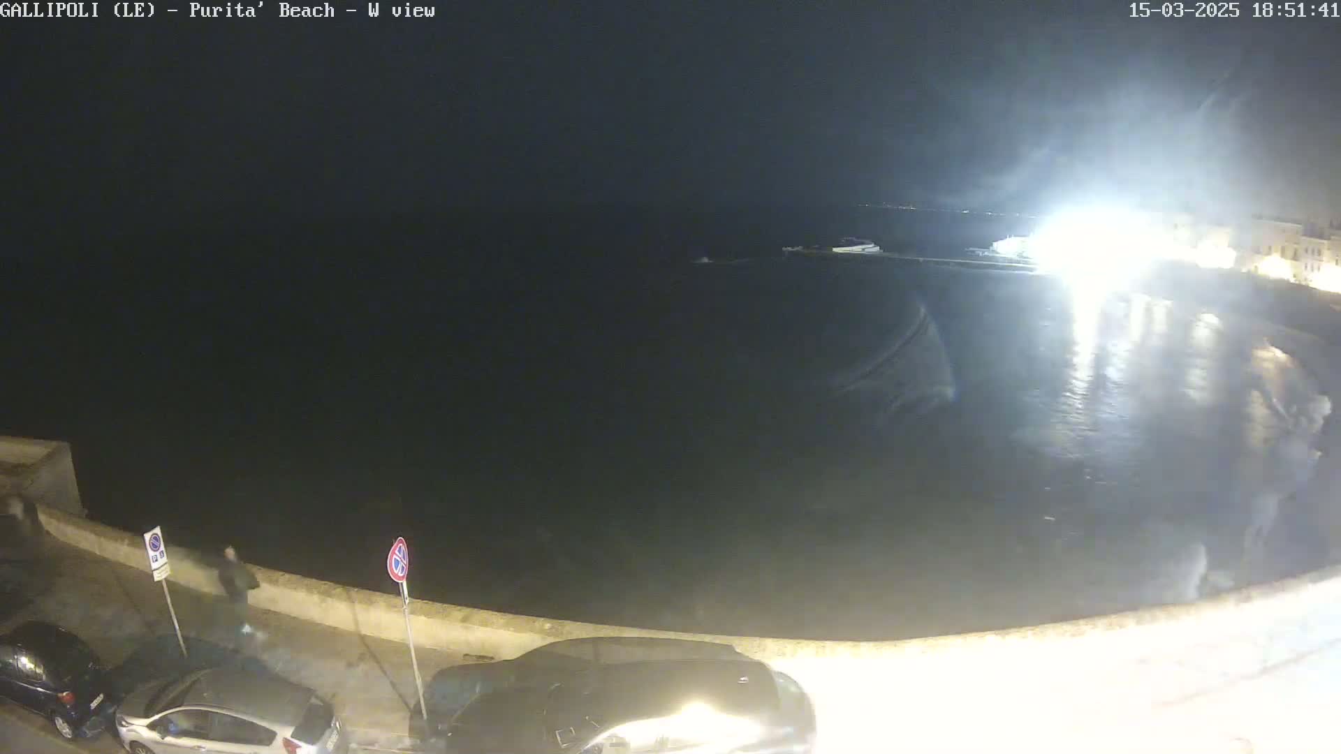 A nighttime view of a dark, wavy body of water next to a paved area with parked cars and a person walking along a wall under hazy conditions.