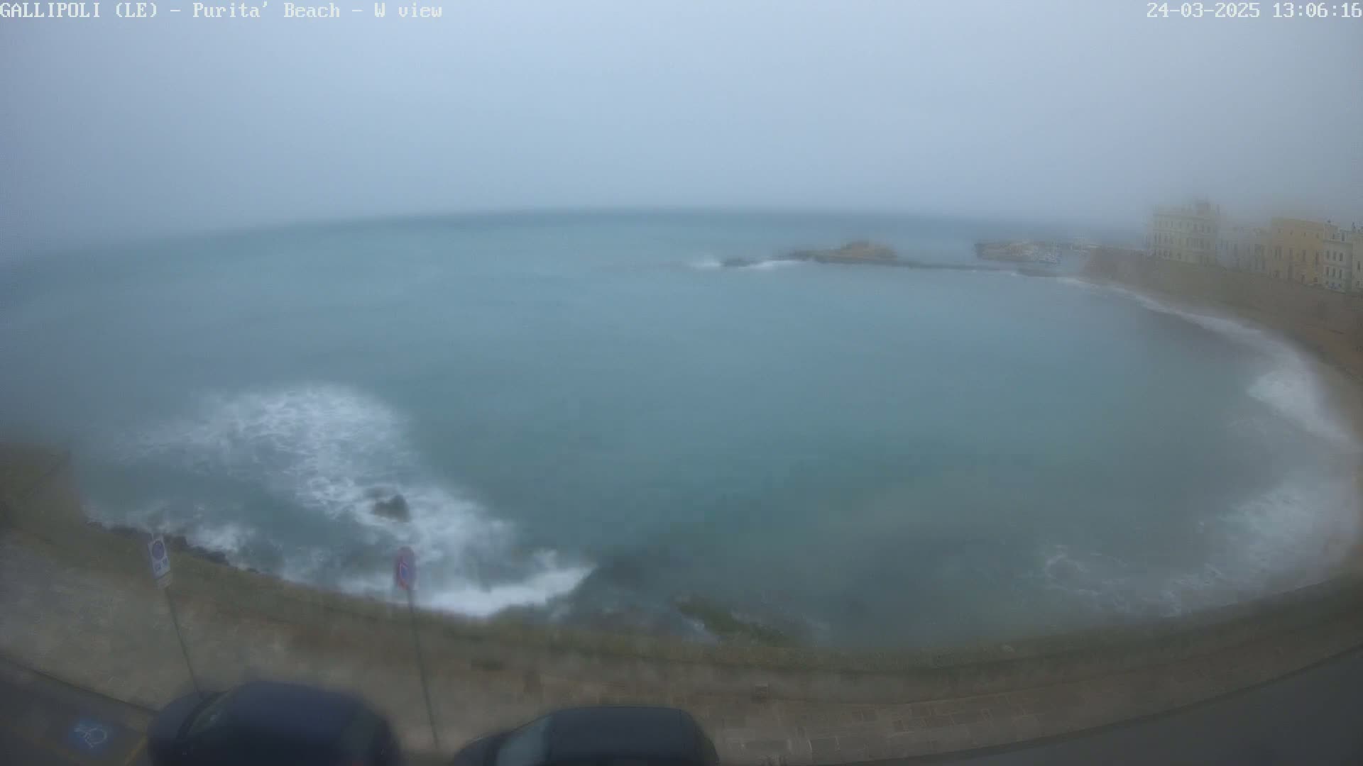 A foggy coastal scene shows a partially enclosed bay with waves breaking near a shoreline lined with buildings and some parked cars.