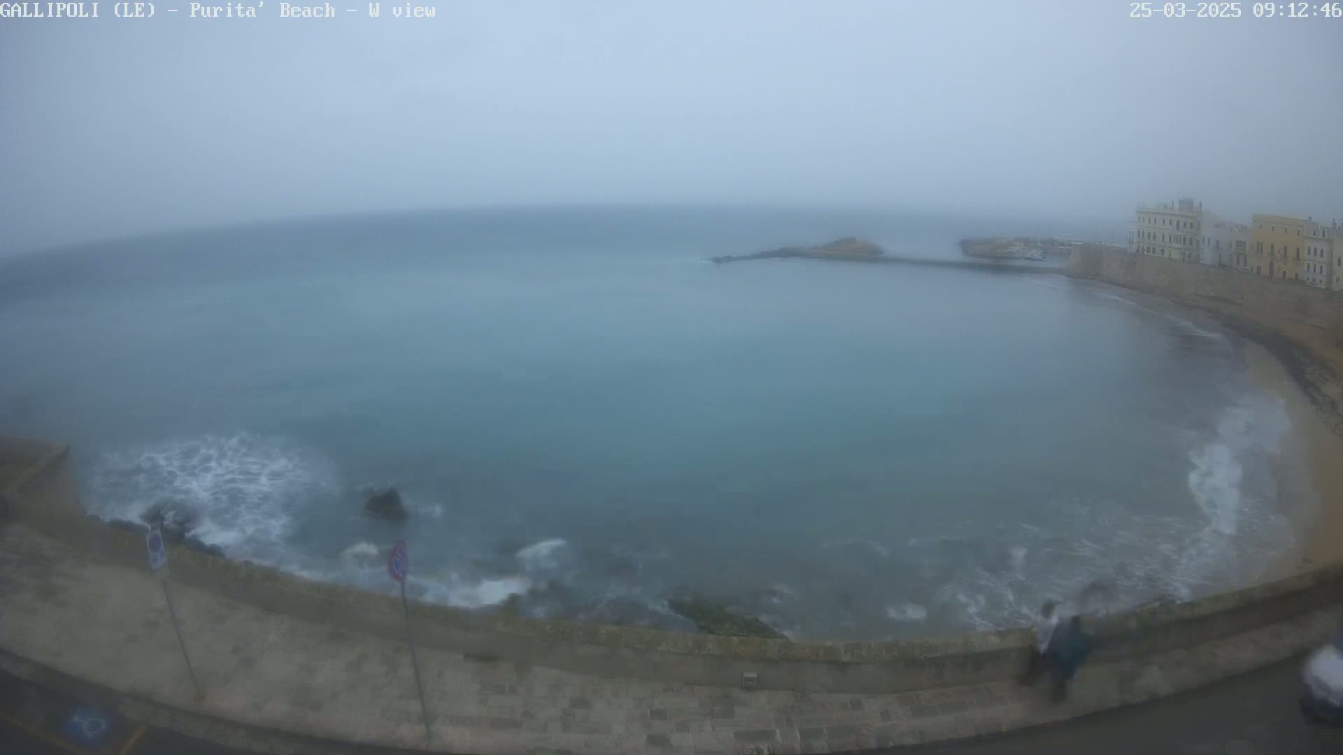A foggy coastal scene shows a calm sea lapping a stone wall, with a town visible in the distance.