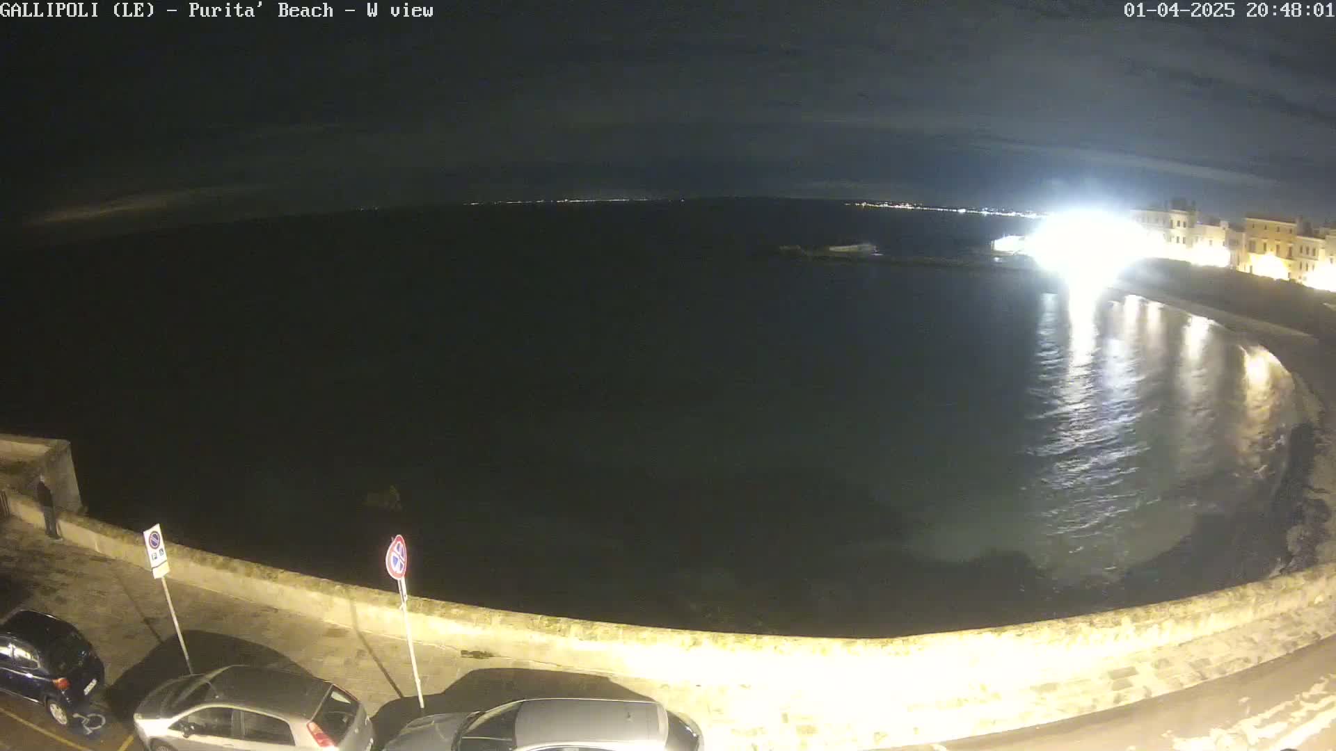 A nighttime view of a calm, dark sea next to a low-lit shoreline with parked cars.