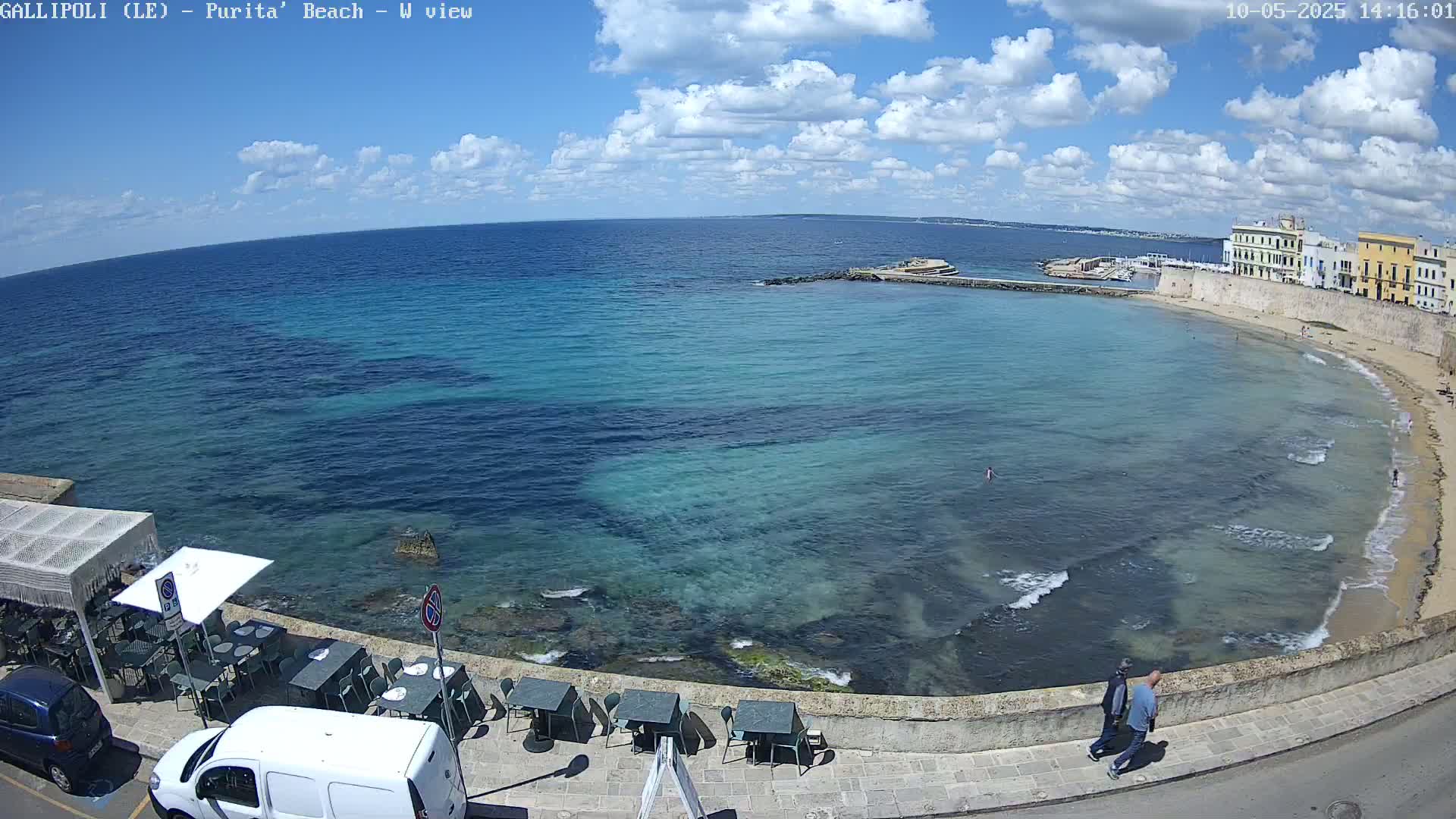 A partly sunny day overlooking a calm, clear turquoise bay with a sandy beach and a seaside restaurant, with a few people walking along the waterfront.