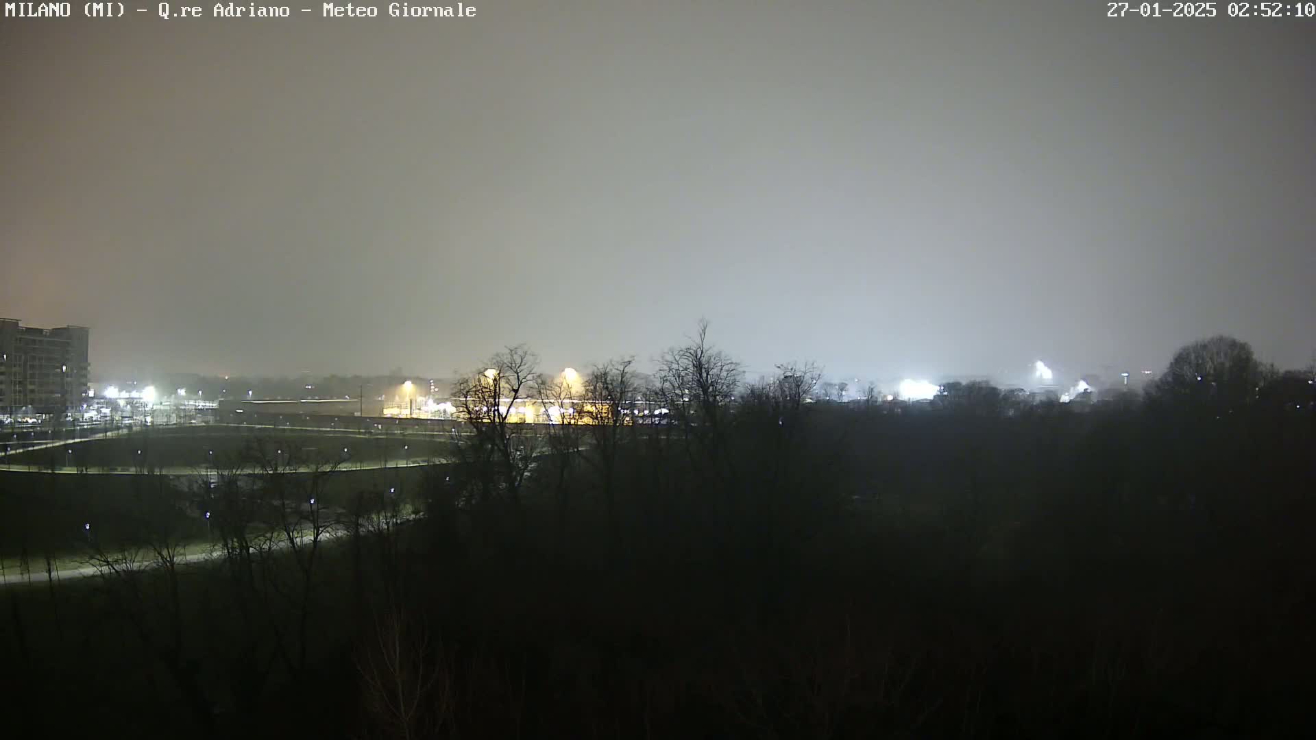 A nighttime view of a city park and buildings in the distance, obscured by a foggy atmosphere.