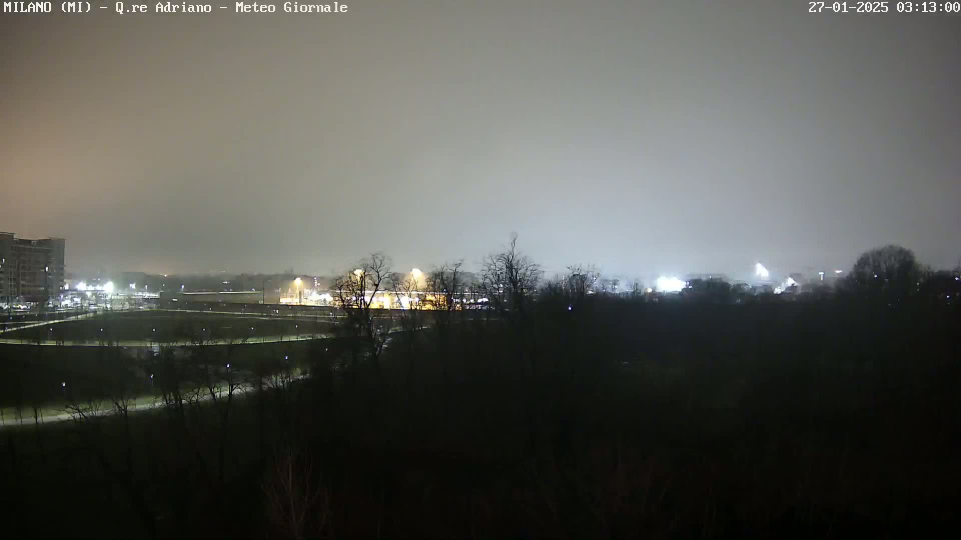A nighttime view of a dimly lit park and cityscape under a hazy, overcast sky.