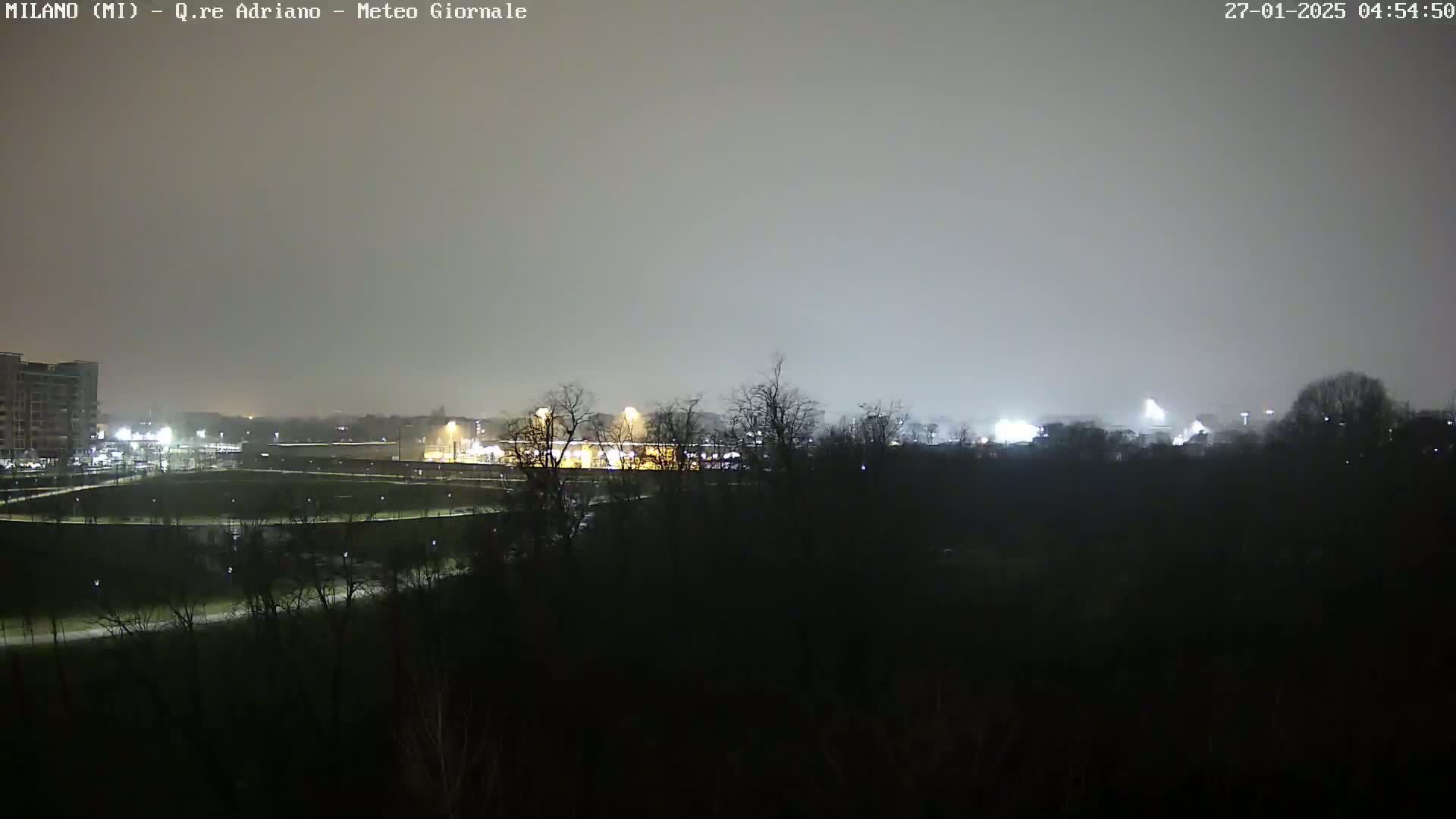 A nighttime, hazy view shows a dimly lit park and buildings in the distance.