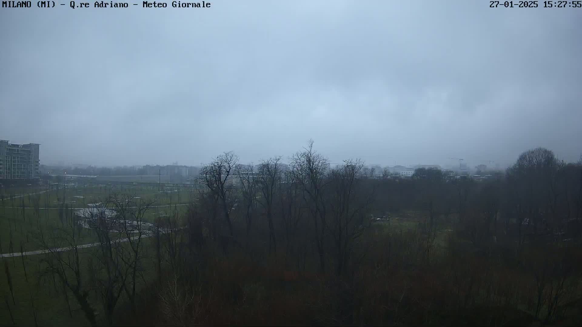 A hazy, overcast day reveals a park with leafless trees, a winding path, and distant buildings under a muted sky.