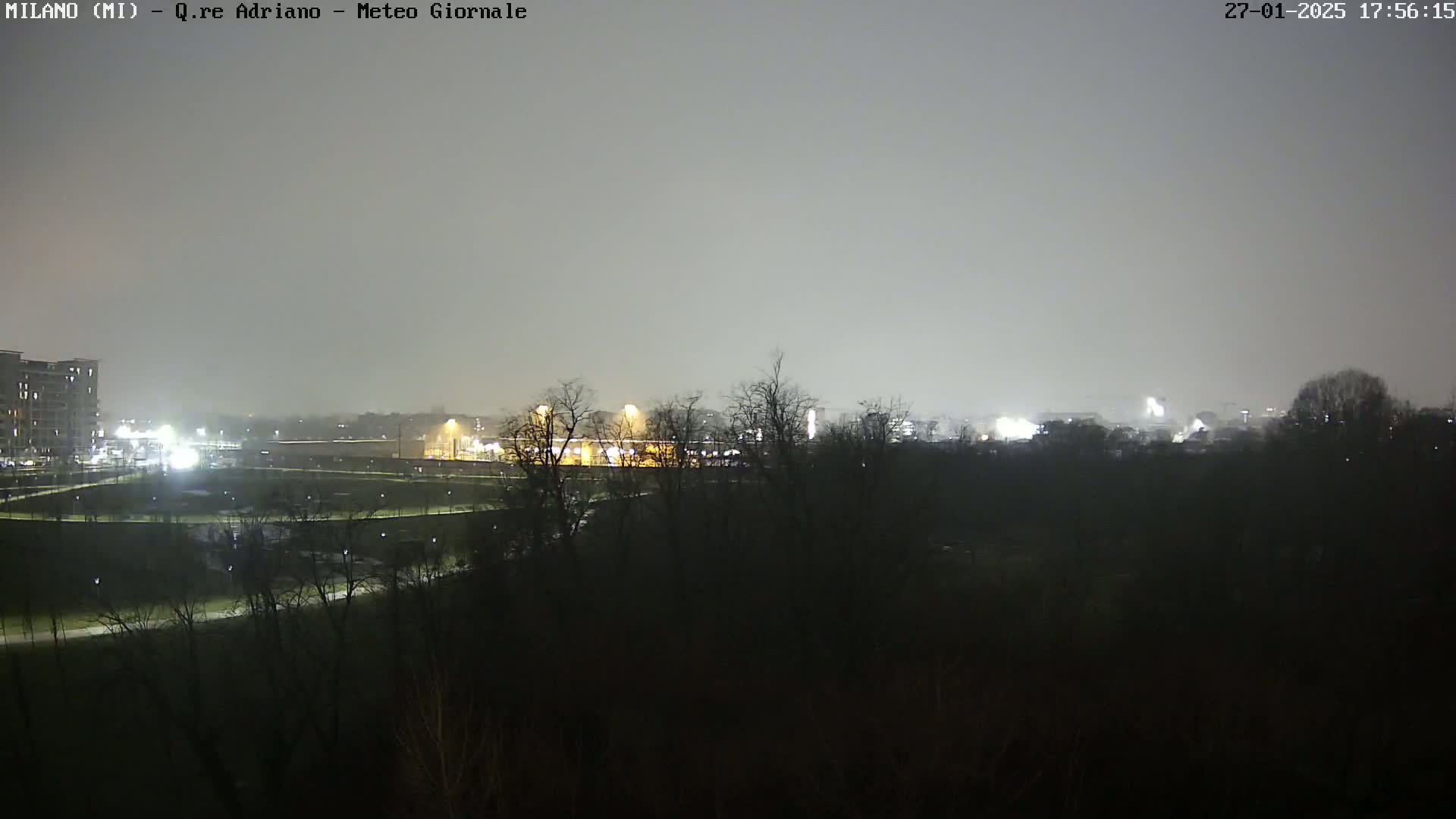 A nighttime view of a park with dimly lit pathways and trees, under a hazy, overcast sky, shows a distant city skyline with illuminated buildings.