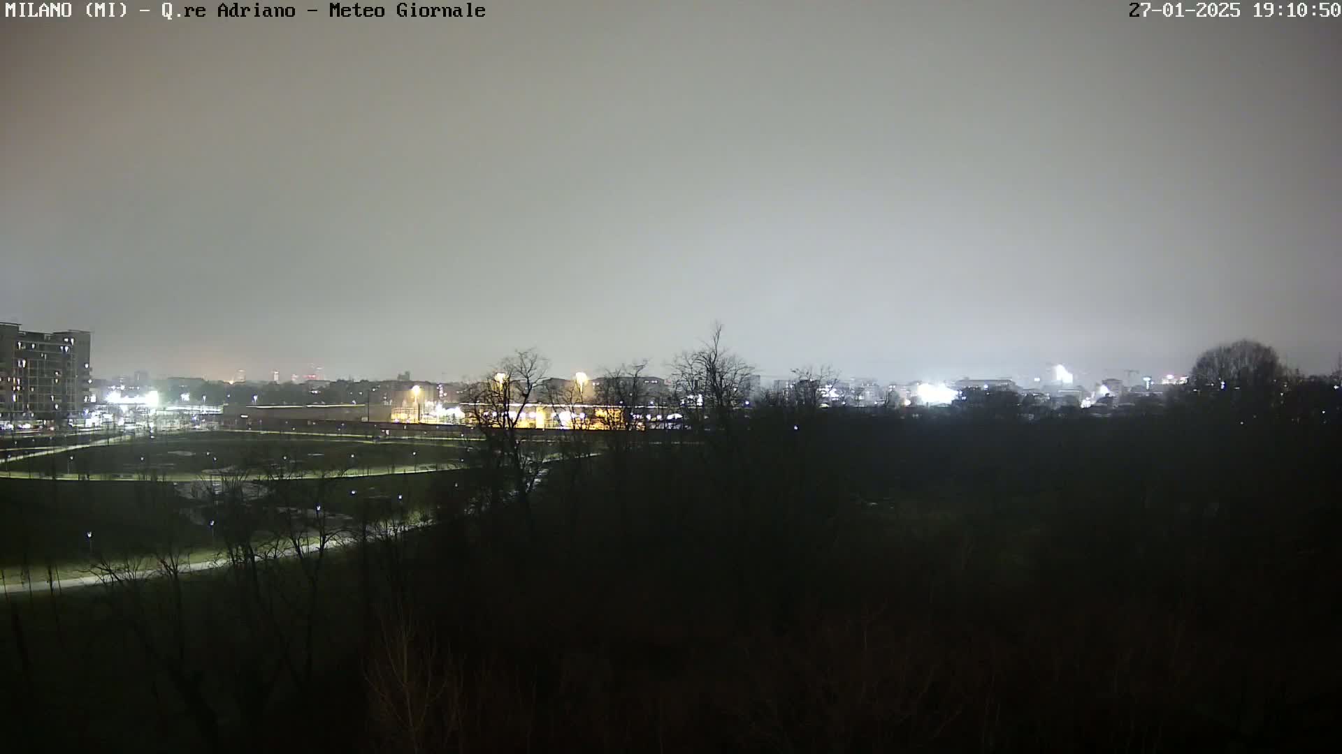 A nighttime view of a city skyline dimly lit under an overcast sky, observed from across a dark park.