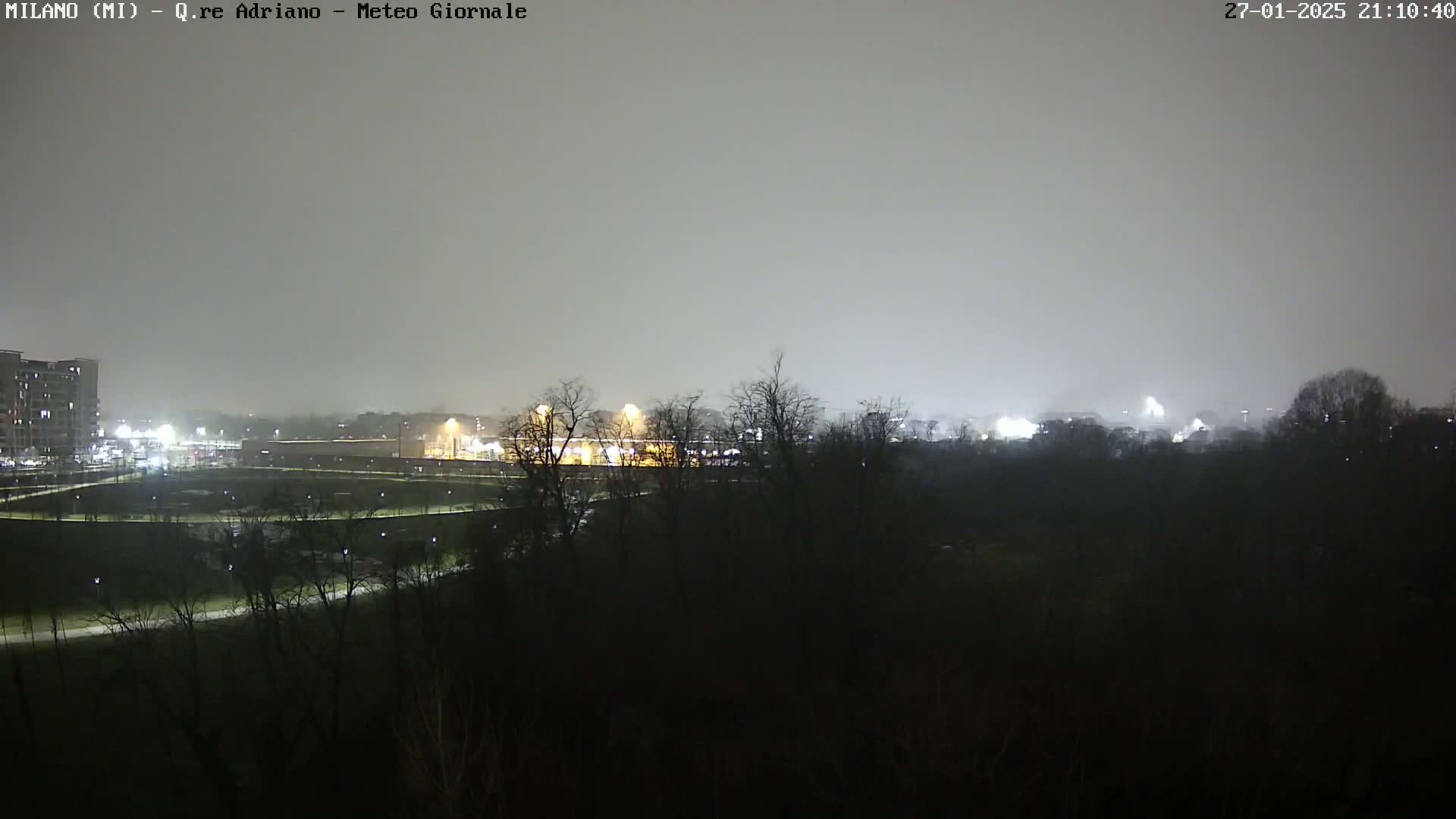 A nighttime view of a city park and buildings in the distance, shrouded in a hazy, foggy atmosphere.