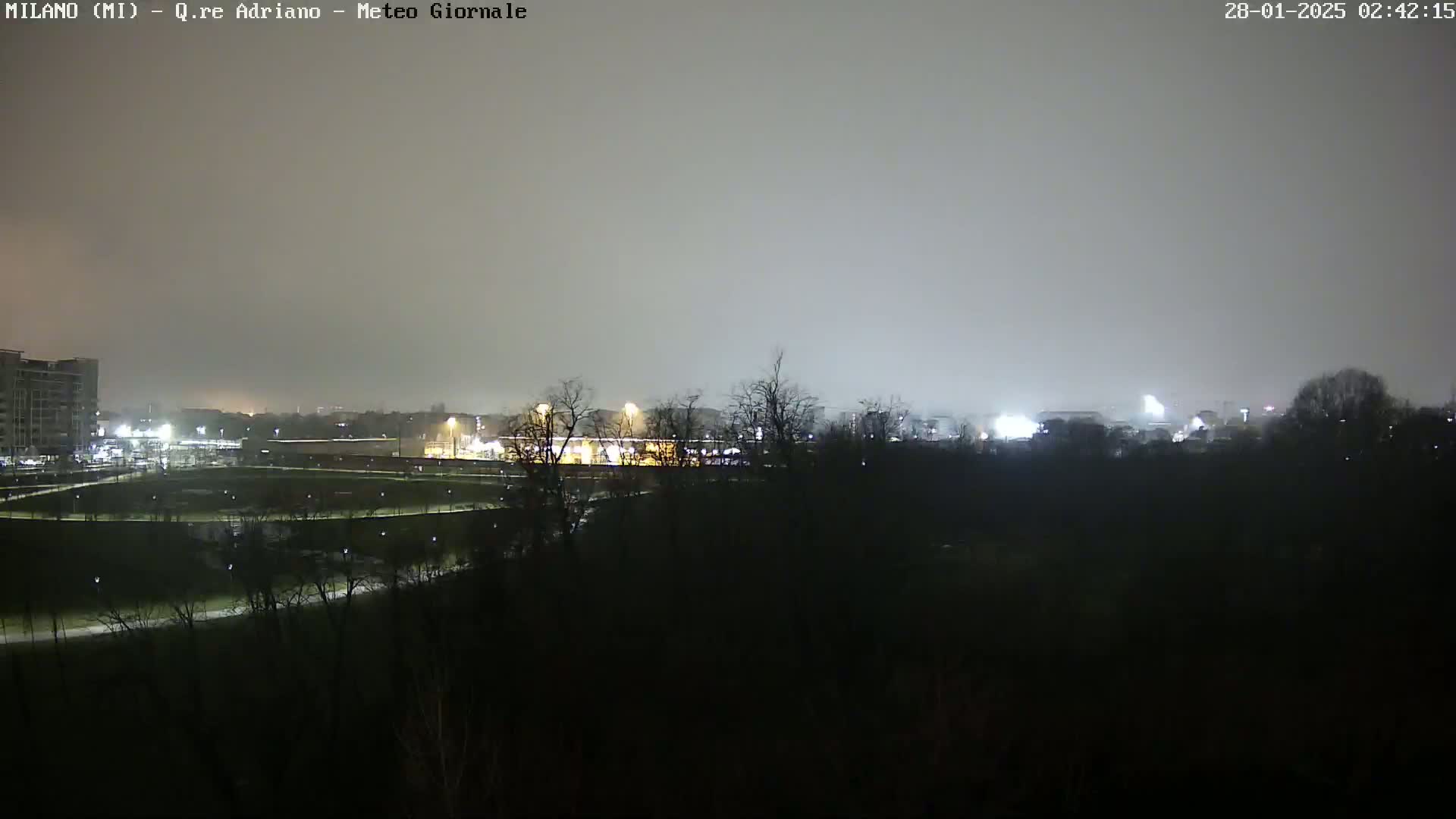 A nighttime, hazy view shows a park with dimly lit pathways and trees, and buildings in the distance.