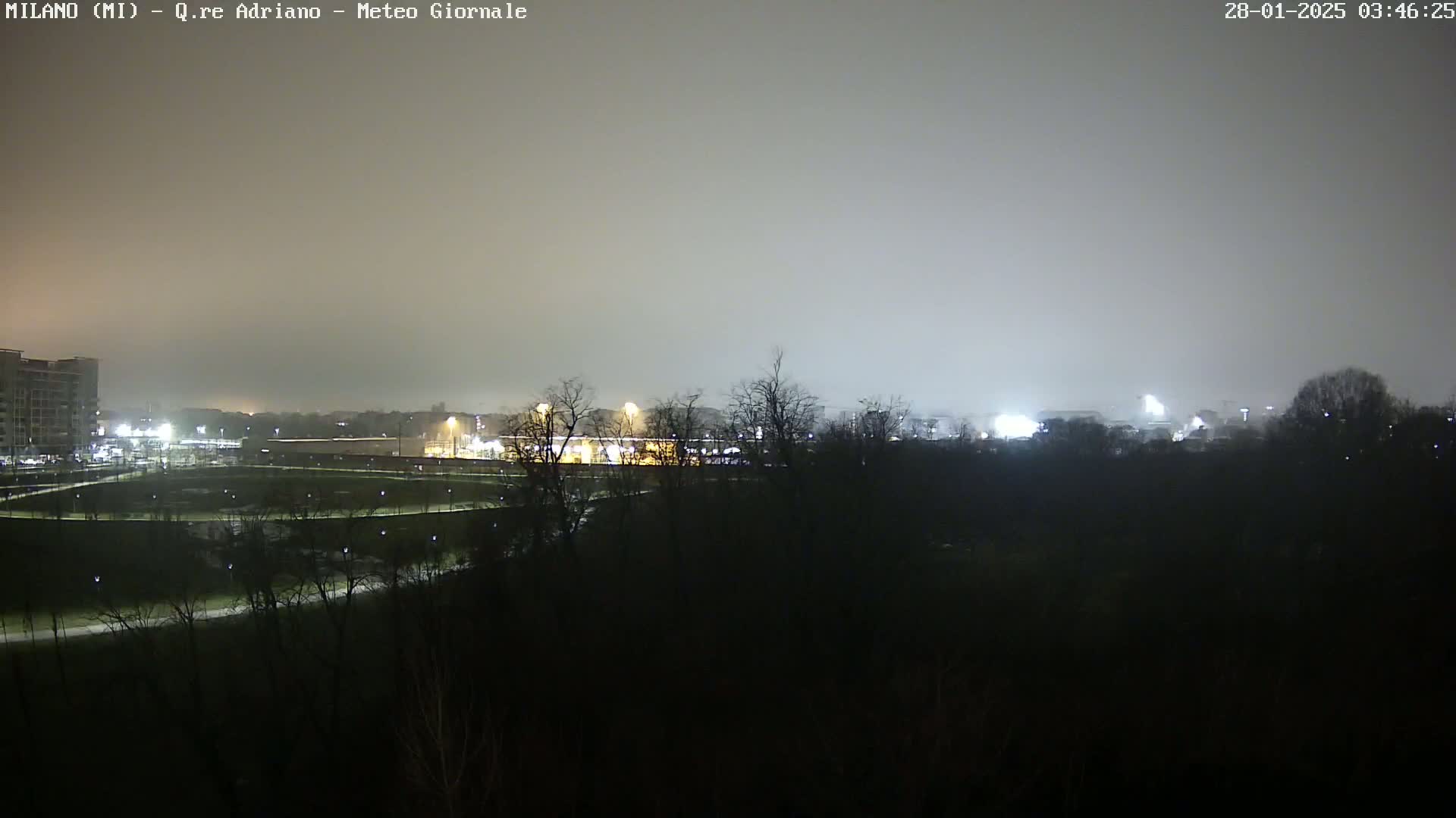 A nighttime view of a park with dimly lit buildings and trees in the background under a hazy sky.