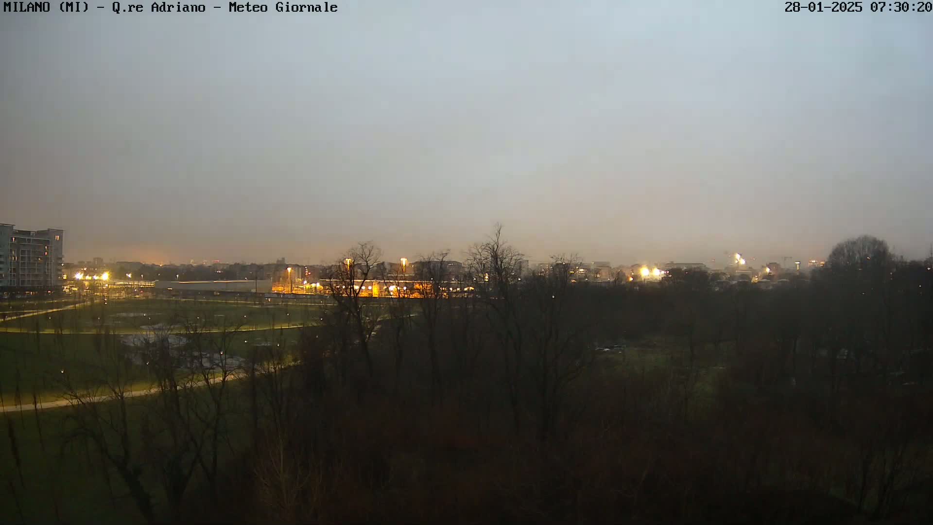 A dimly lit park with leafless trees and a distant cityscape under a hazy, overcast sky.