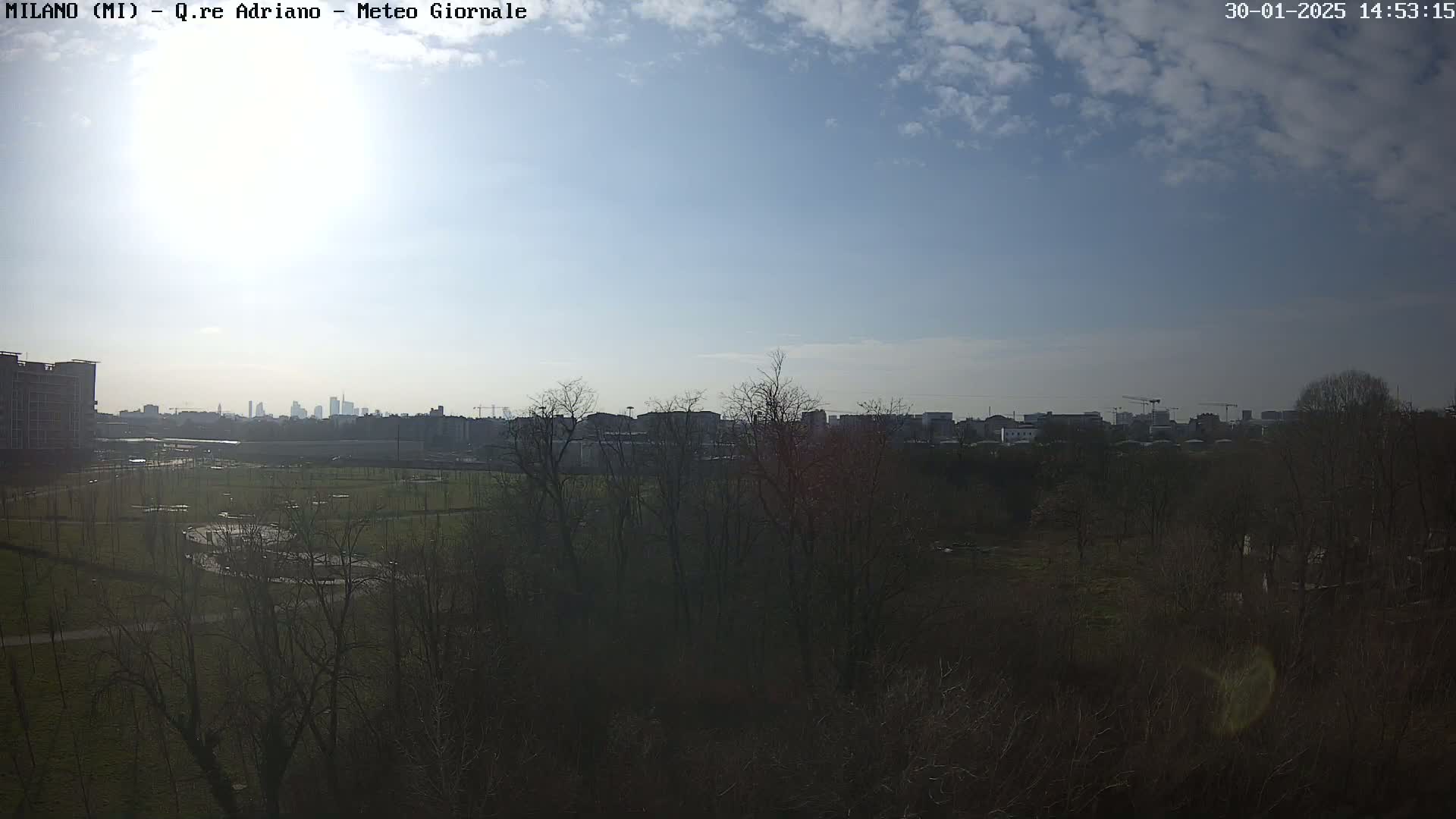 A mostly sunny day with a few clouds shows a view of a park with bare trees, buildings, and a distant city skyline.