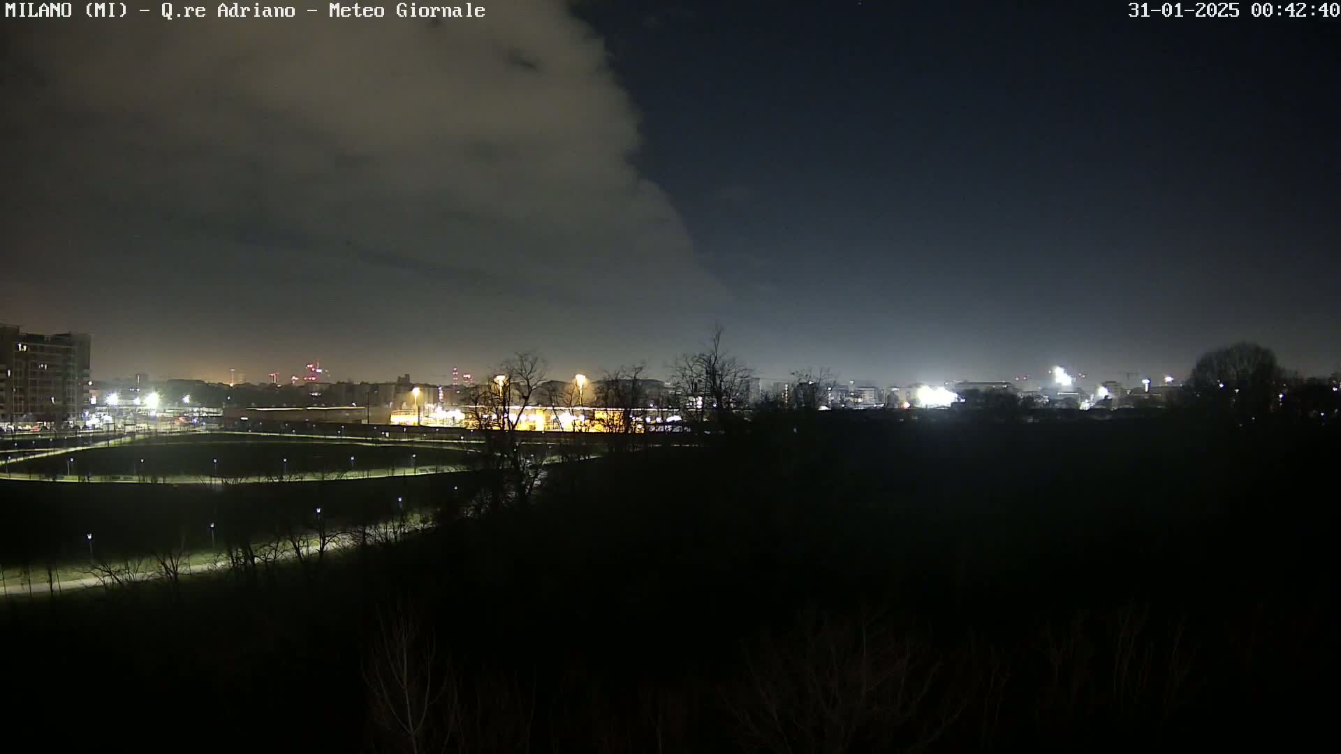 A nighttime view of a city skyline partially obscured by clouds and trees, showing dimly lit buildings and a dark, empty park in the foreground.