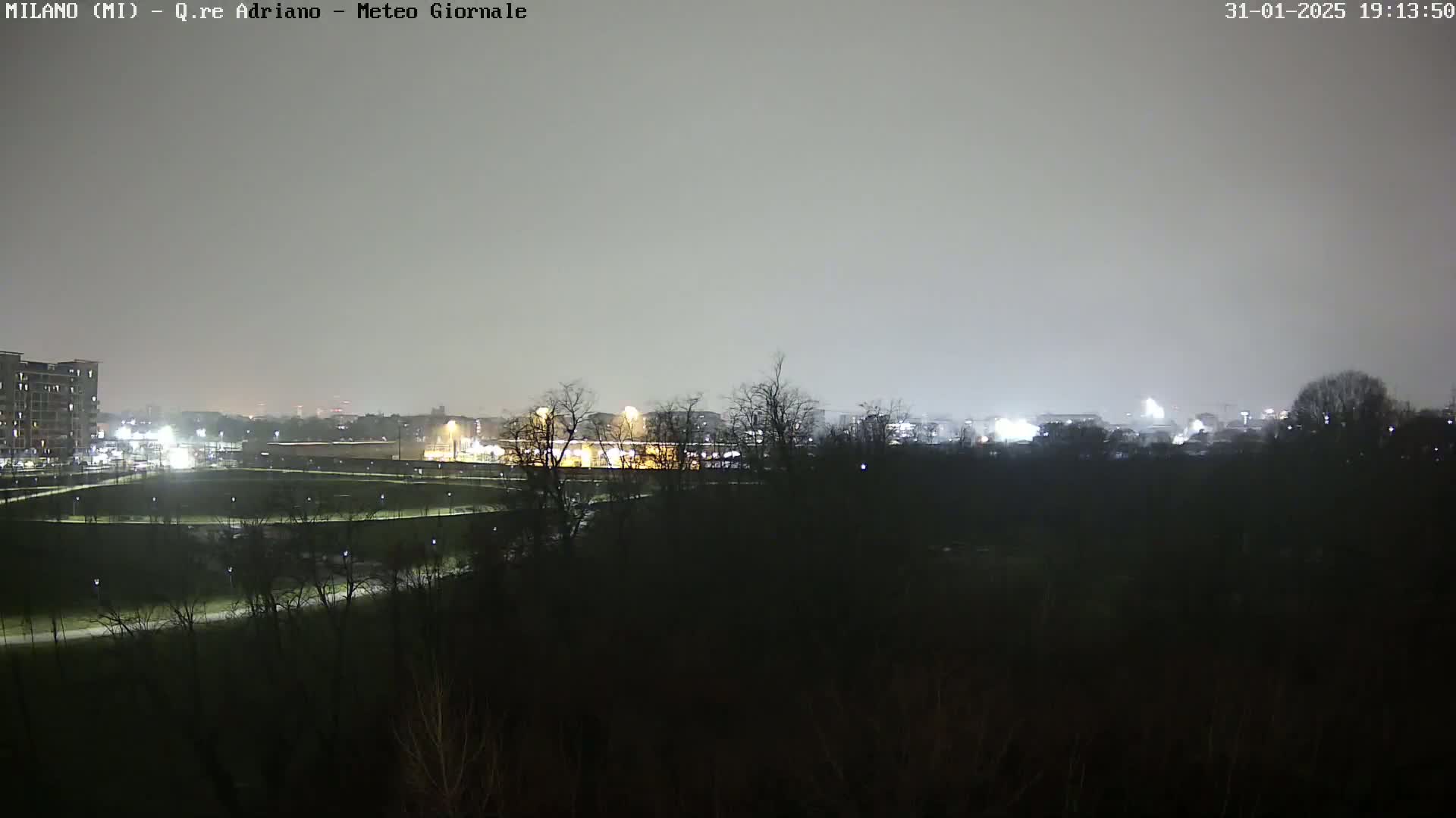 A nighttime view of a city skyline dimly lit under a hazy, overcast sky, seen from across a dark, tree-lined park.