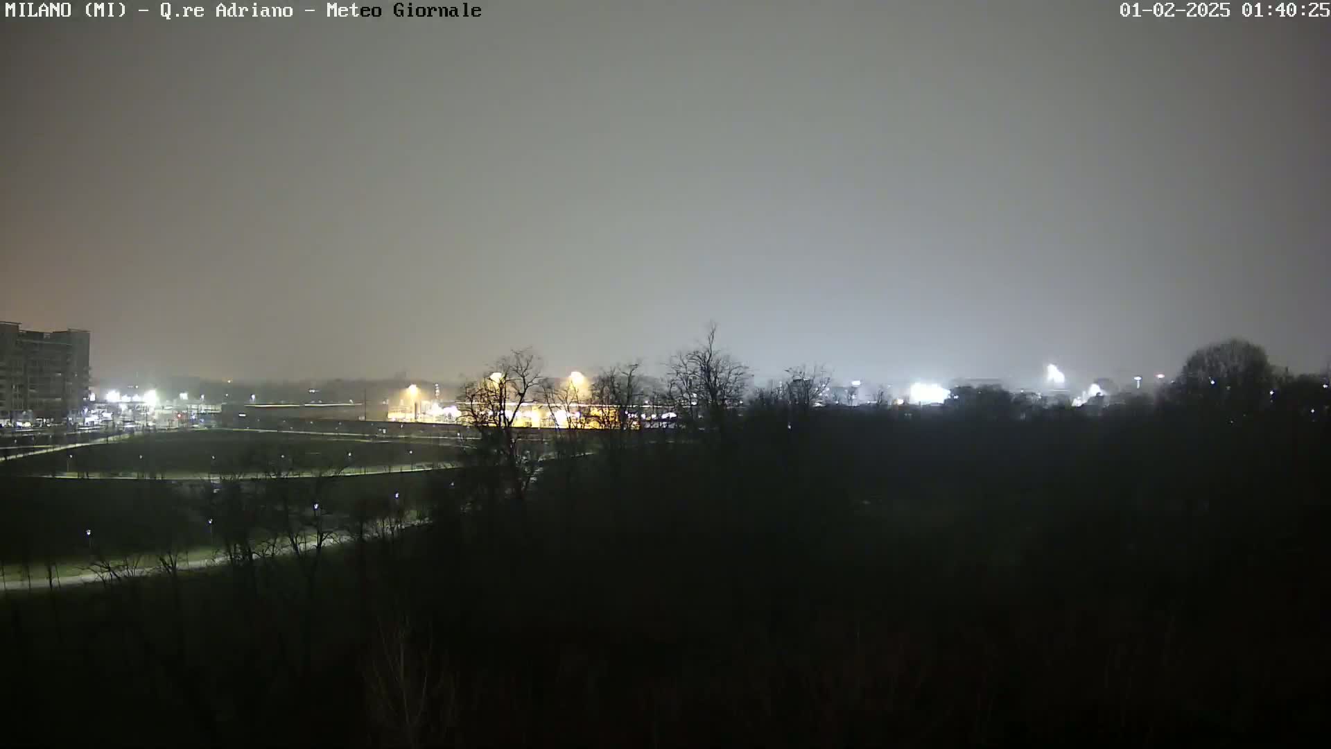 A nighttime view of dimly lit buildings and trees under a hazy, overcast sky.