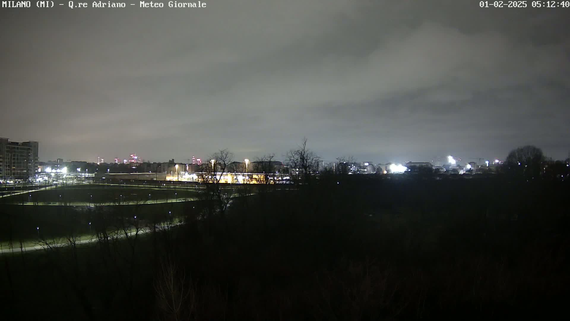 A nighttime view of a city skyline over a dark, tree-lined park under a cloudy sky.