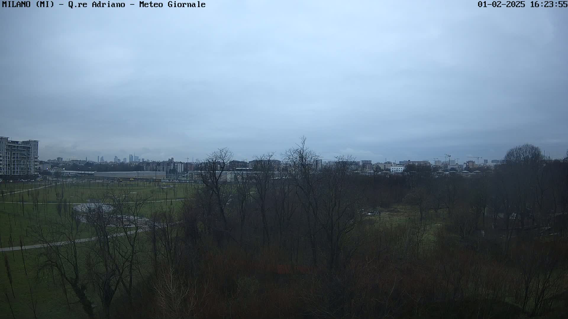 A view of a park with bare trees under a cloudy sky, overlooking a city skyline in the distance.