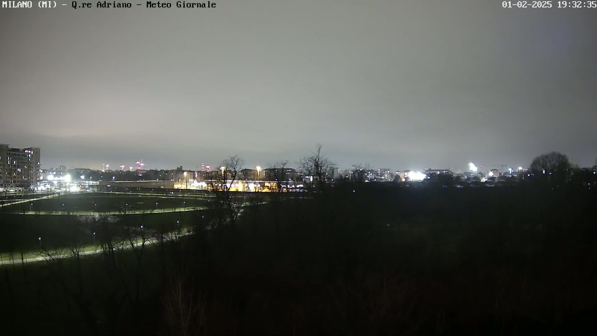 A nighttime view of a city skyline across a dark, tree-lined park under an overcast sky.