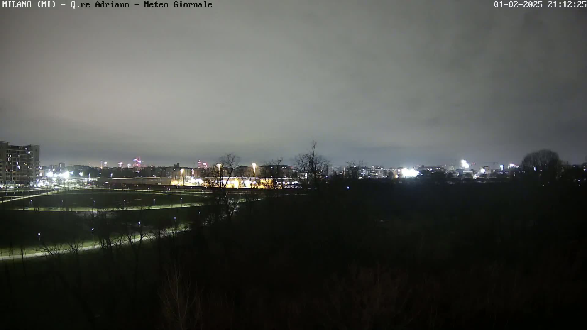 A nighttime view of a city skyline across a dark, tree-lined park under a cloudy sky.