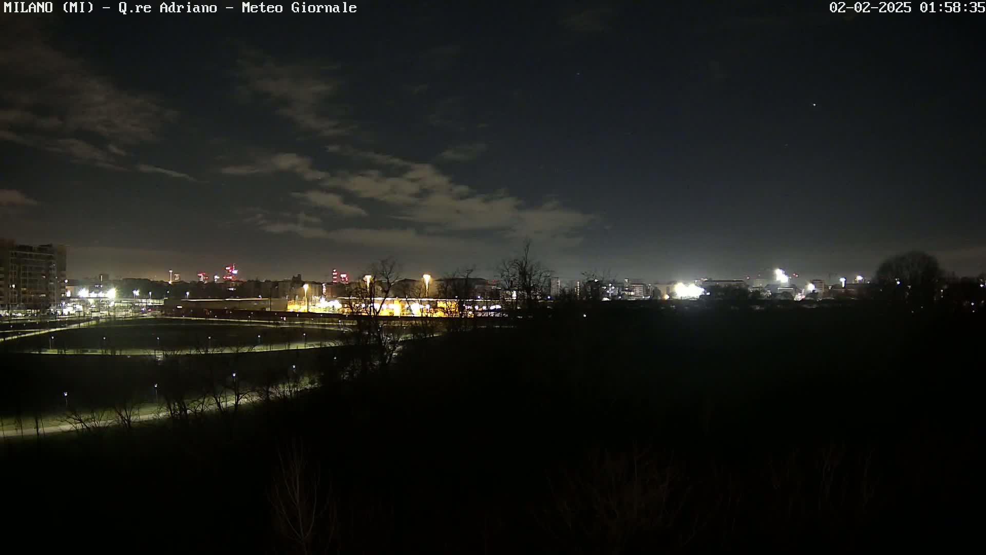 A nighttime view of a city skyline partially obscured by trees and a park under a mostly clear, dark sky with a few clouds.