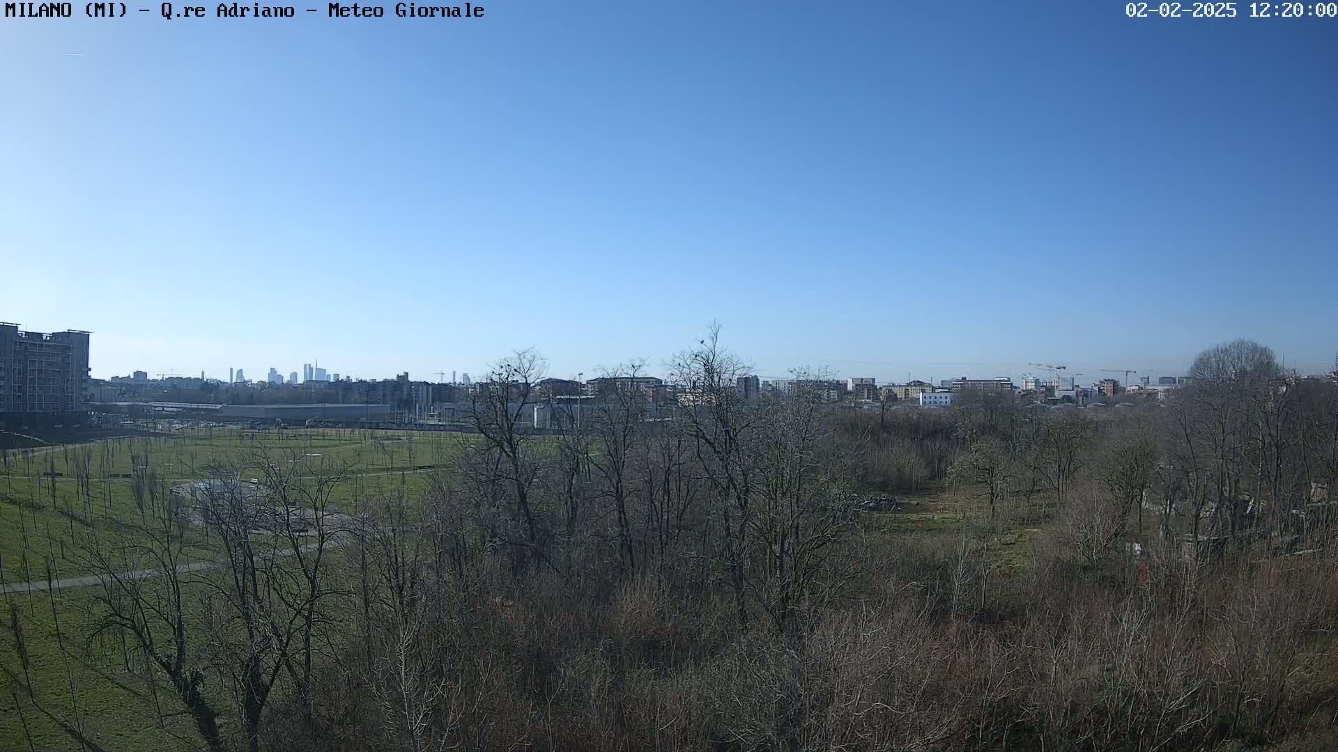 A mostly clear blue sky overlooks a park with leafless trees, a grassy field, and a city skyline in the distance.
