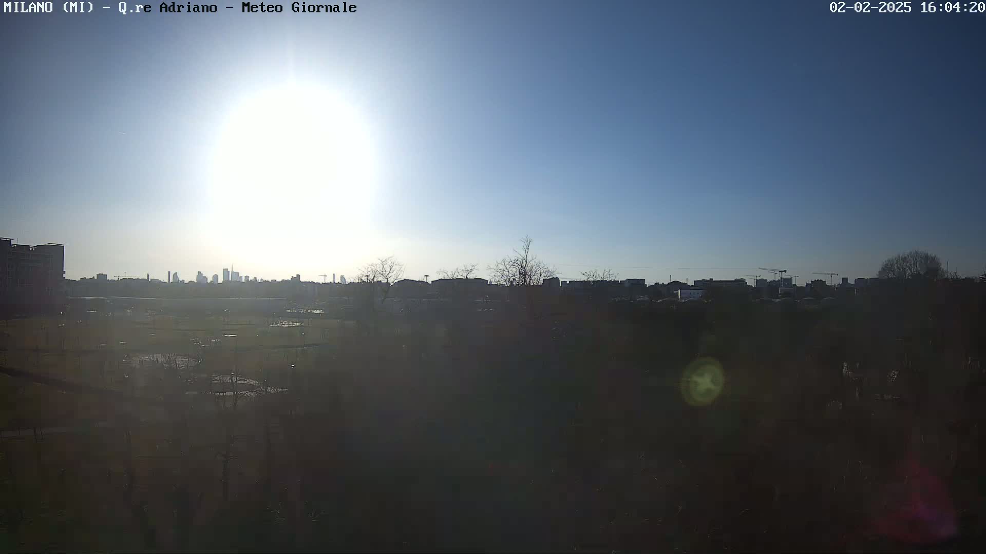 A mostly sunny day reveals a cityscape in the distance, partially obscured by a dark foreground of trees and scrub.