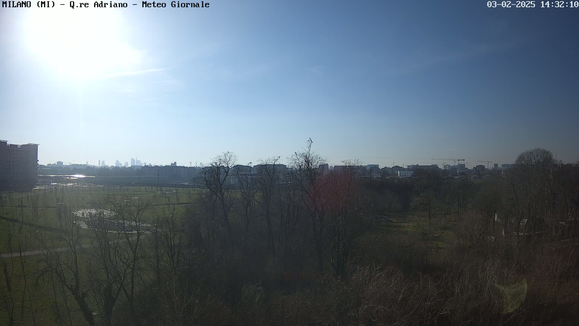 A sunny day reveals a cityscape in the distance, visible beyond a mostly barren, leafless park.