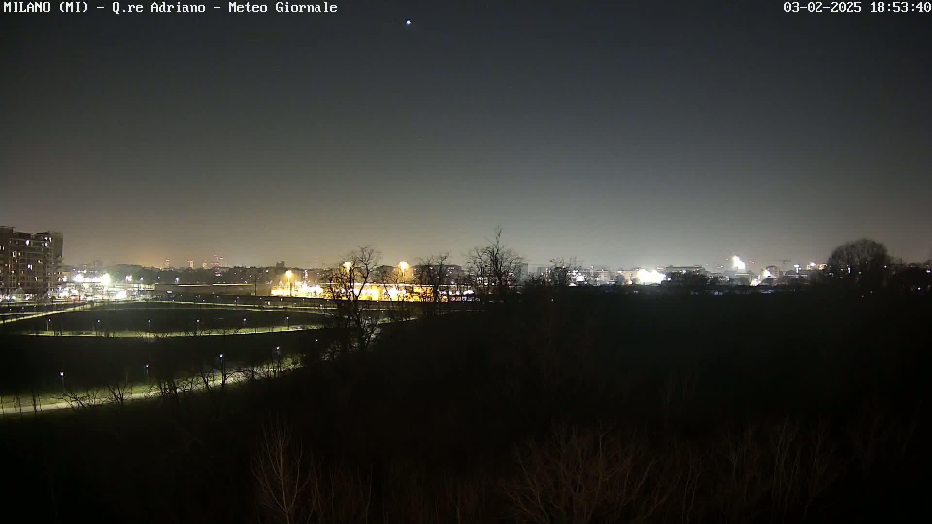 A nighttime view of a city skyline across a dark, tree-lined field, under a clear, dark sky.