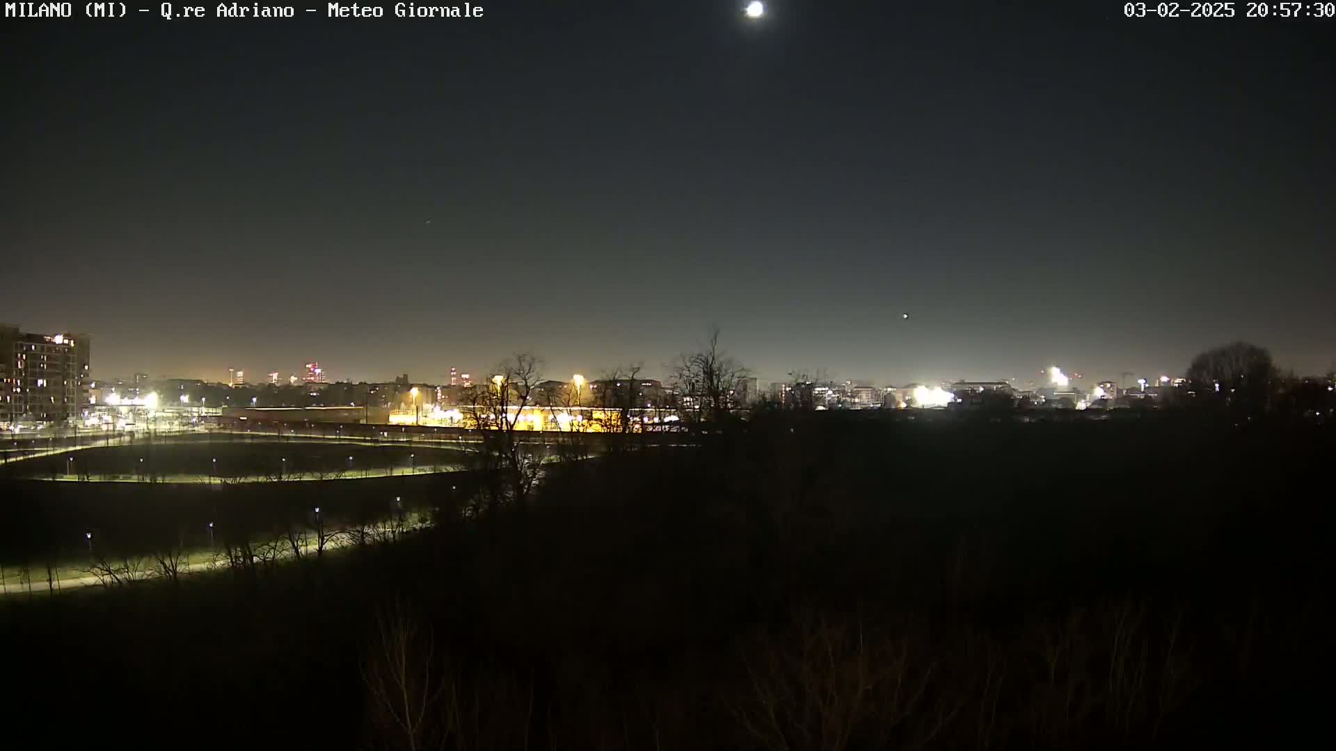 A nighttime view of a city skyline partially obscured by trees and a dimly lit park under a mostly clear sky with a bright moon.