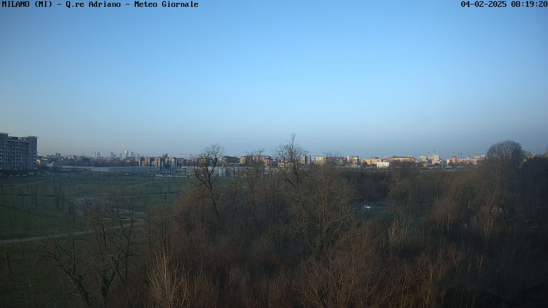 A clear, blue sky overlooks a park with bare trees, beyond which lies a cityscape in the distance.