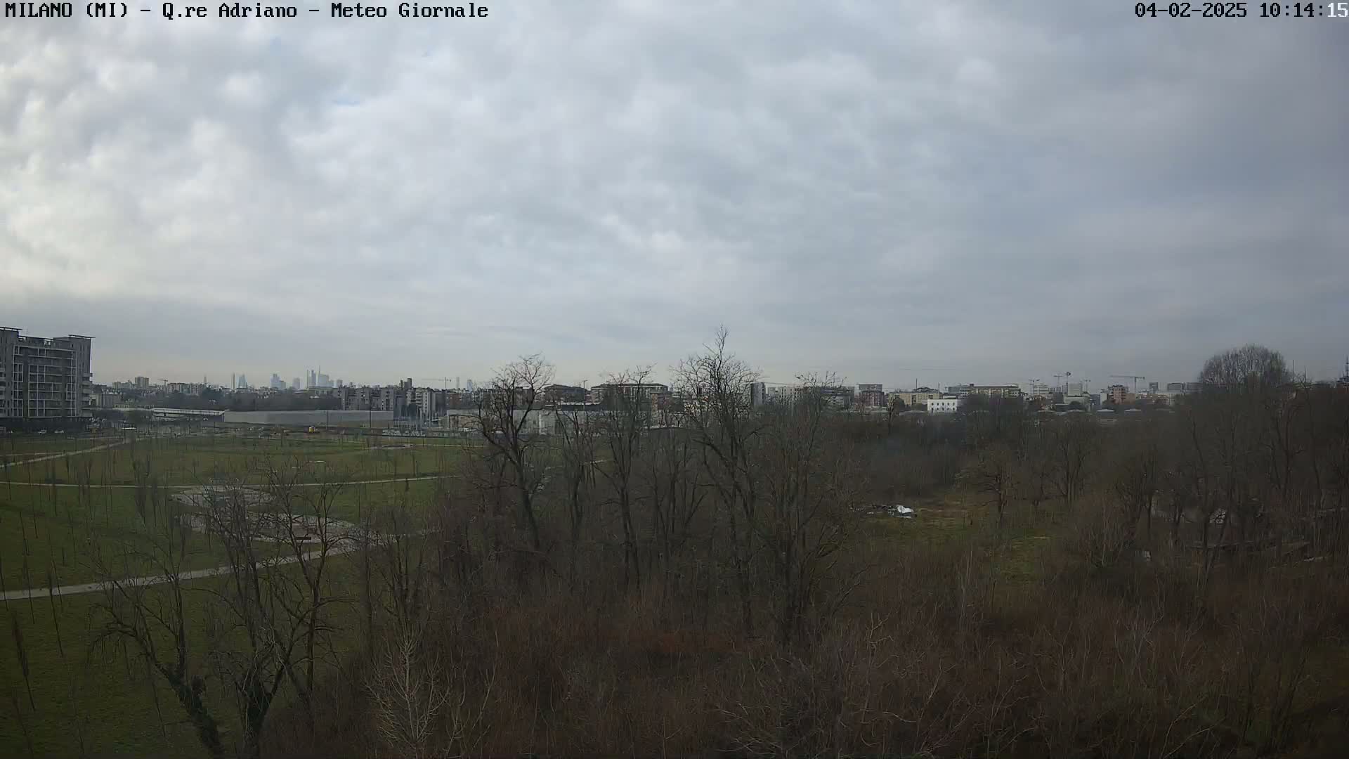 A view of a park with bare trees and a city skyline in the distance under a cloudy sky.