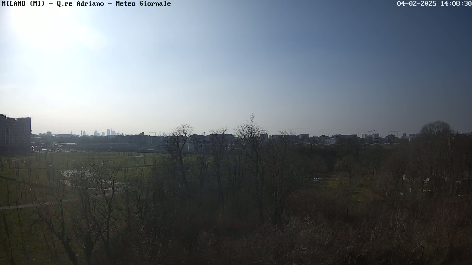 A mostly clear sky overlooks a park and cityscape with bare trees in the foreground.