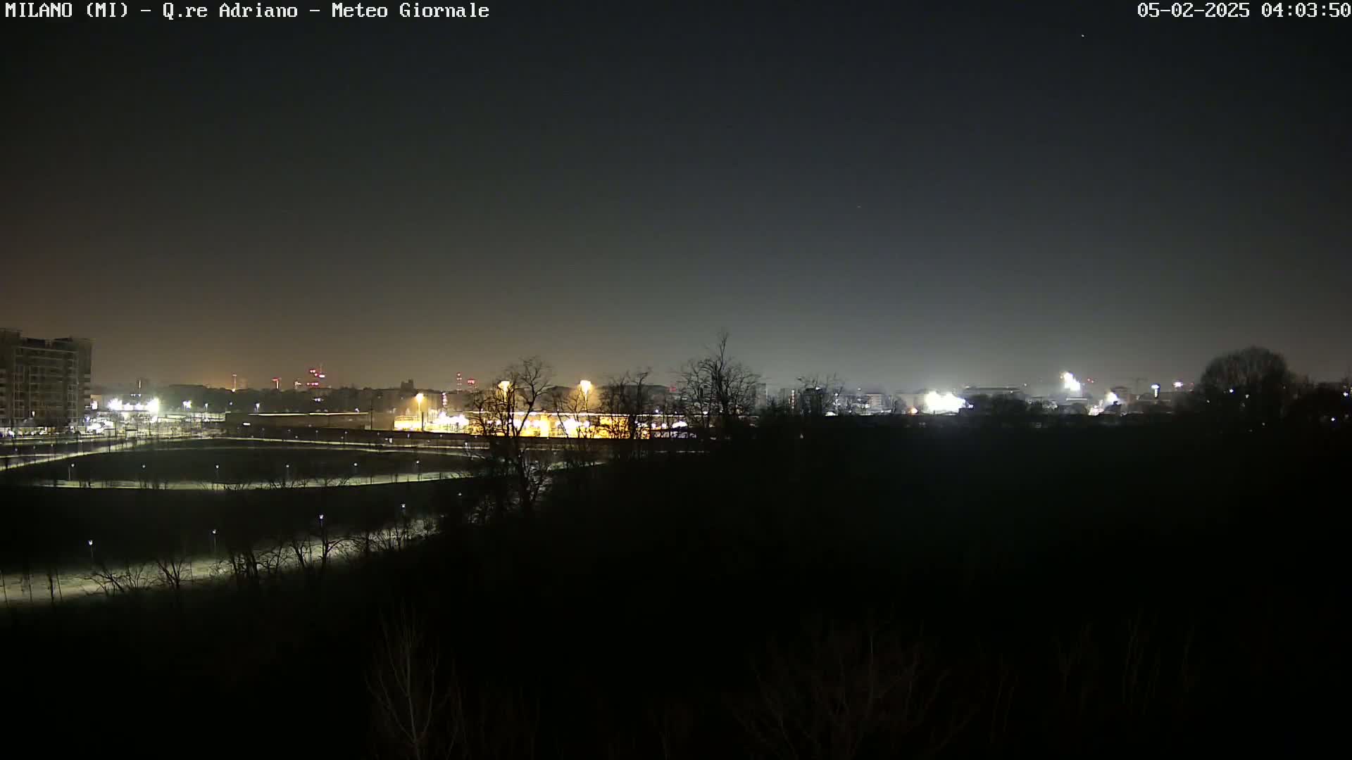 A nighttime view of a city skyline dimly lit across a dark expanse of trees and land under a clear, dark sky.