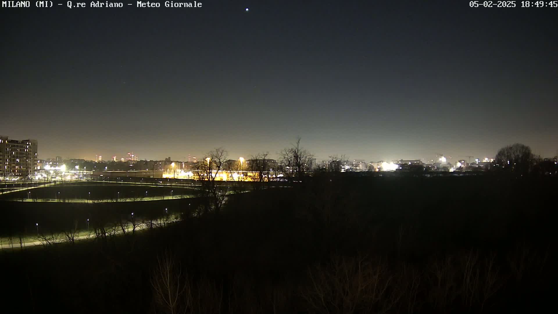 A nighttime view of a city skyline across a dark, tree-lined park with a clear, dark sky.