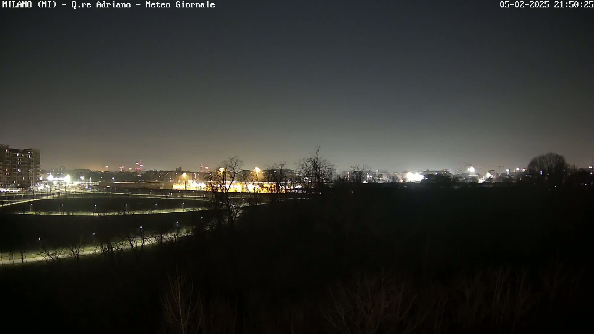 A nighttime view of a city skyline and surrounding parkland under a dark, clear sky.