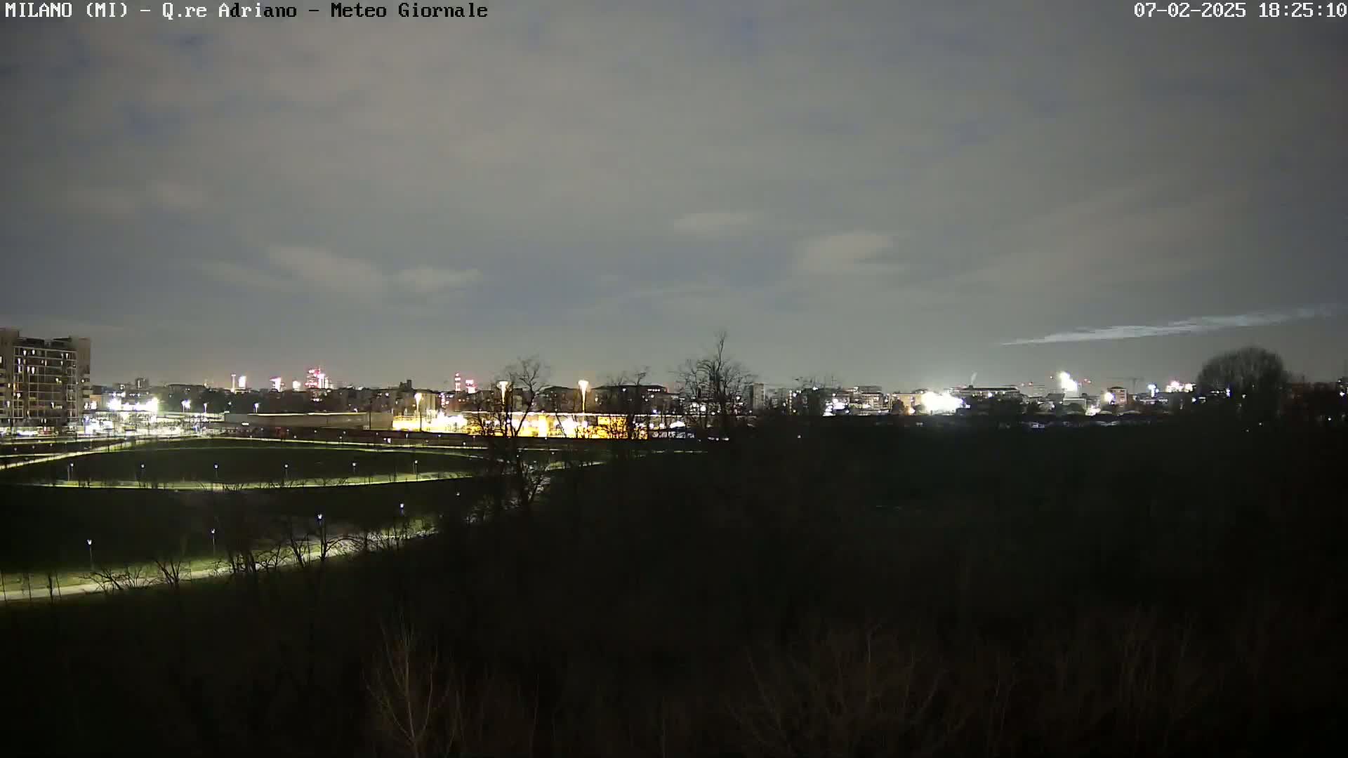 A nighttime view of a city skyline across a dark, sparsely vegetated area under a mostly cloudy sky.