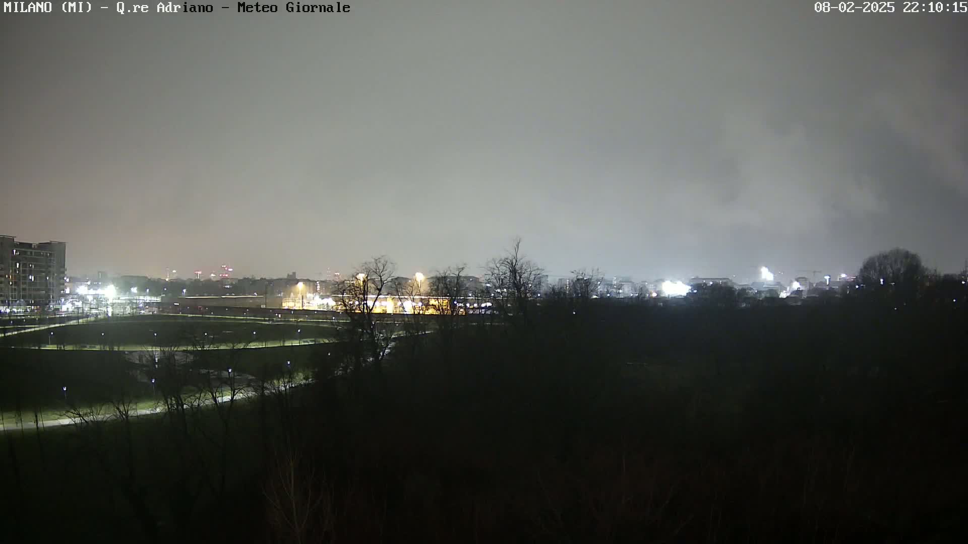 A nighttime view of a city skyline partially obscured by a dark, overcast sky, with a foreground of trees and a park-like area.