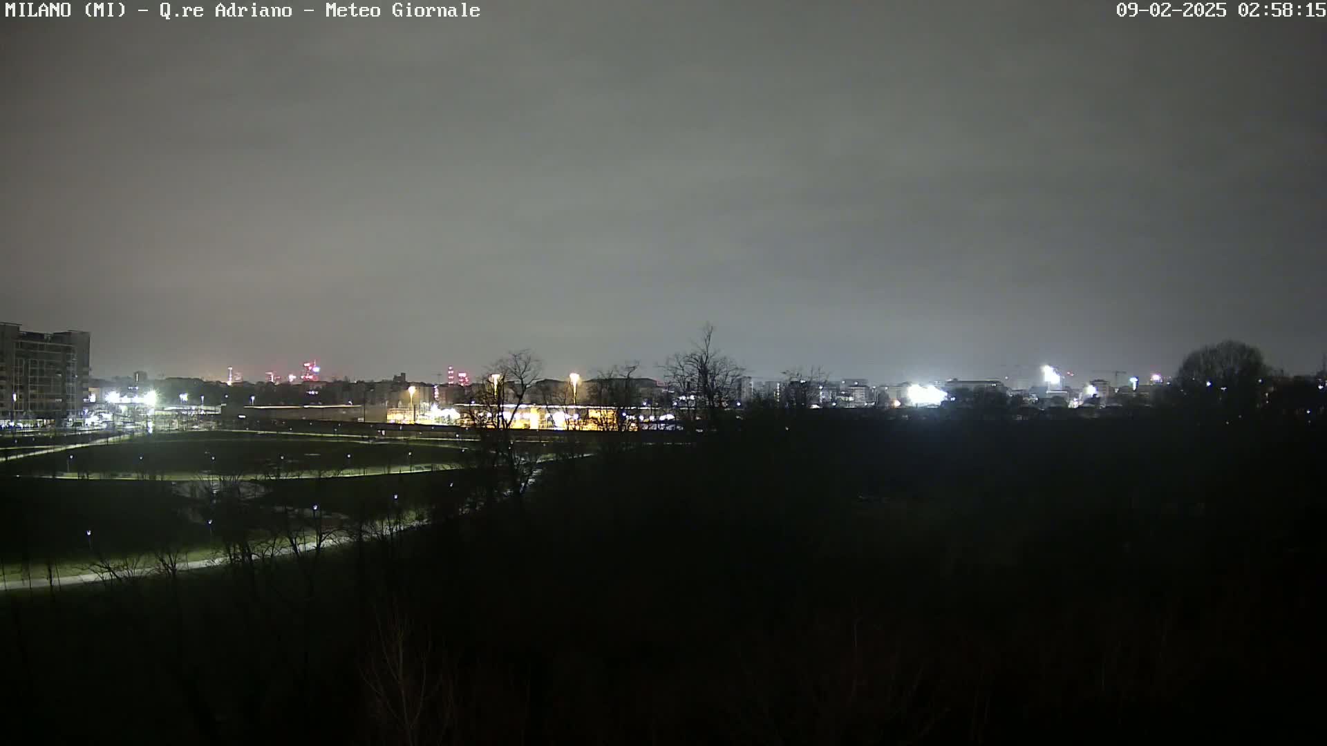 A nighttime view of a city skyline across a dark, tree-lined park under a cloudy sky.