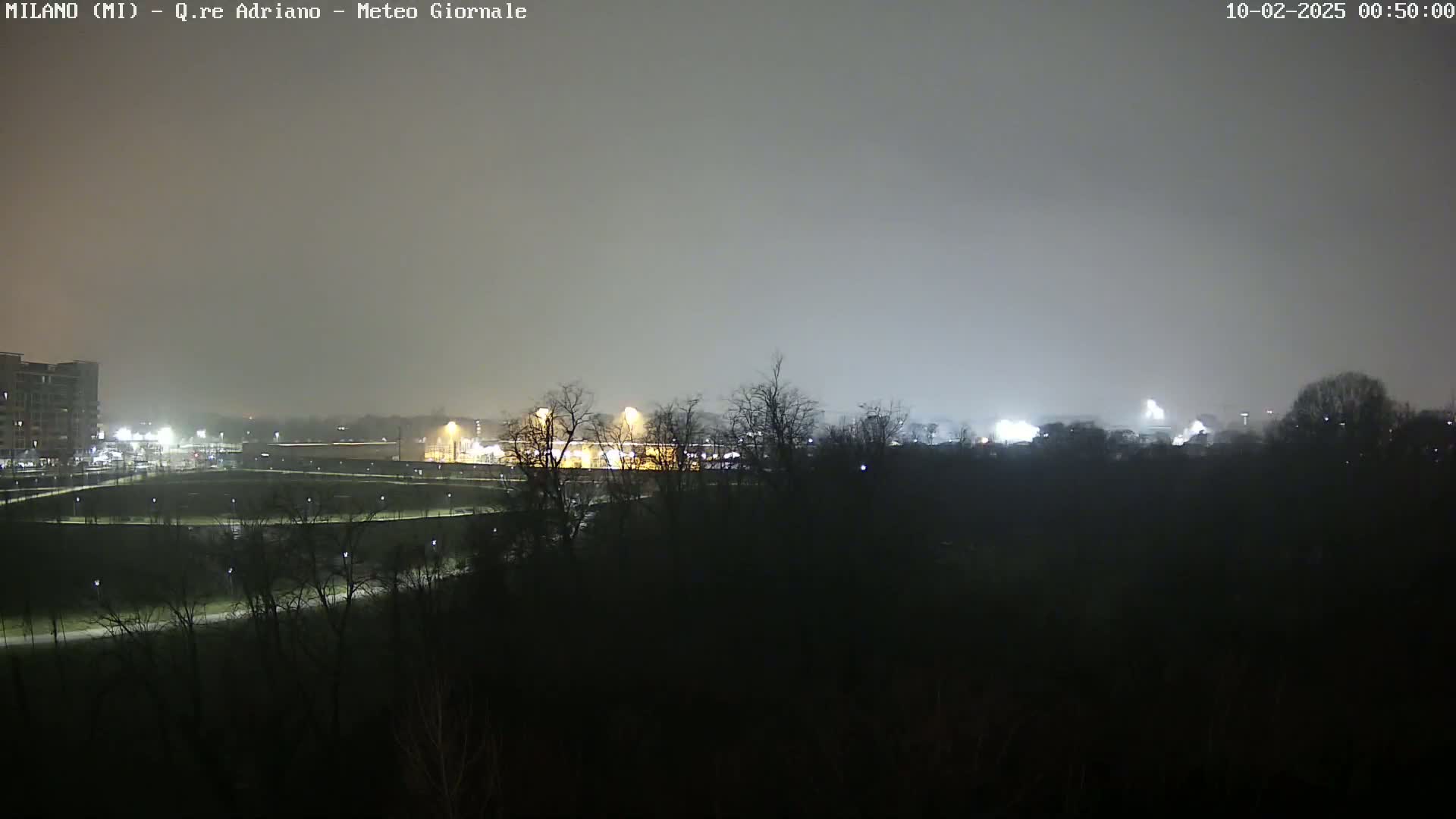 A nighttime view of a park and buildings under a hazy sky.