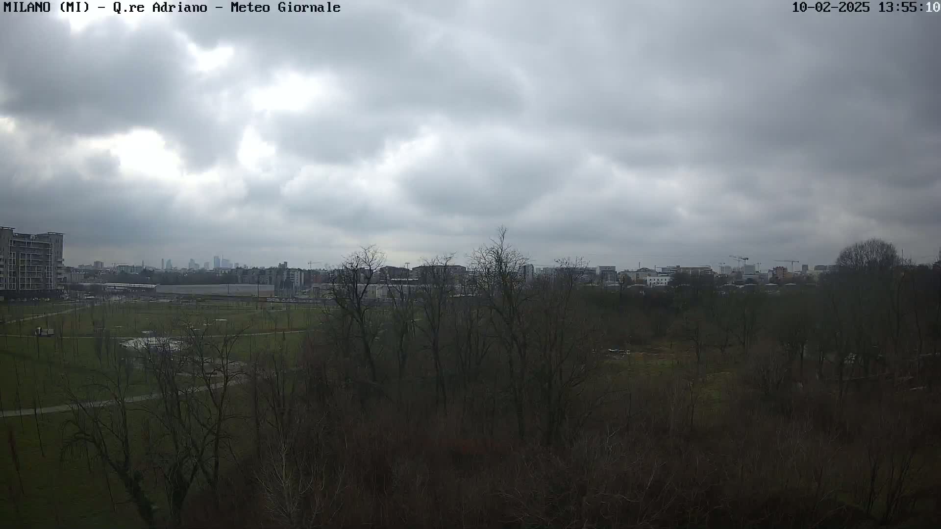 A view of a park with leafless trees and buildings in the distance under a cloudy sky.