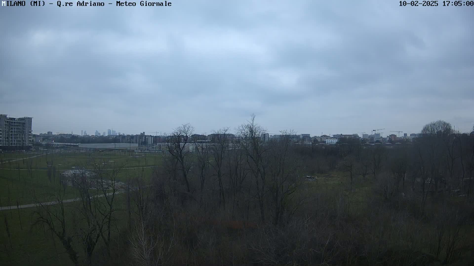 A view of a park with leafless trees in the foreground, under a cloudy sky, overlooking a cityscape in the distance.