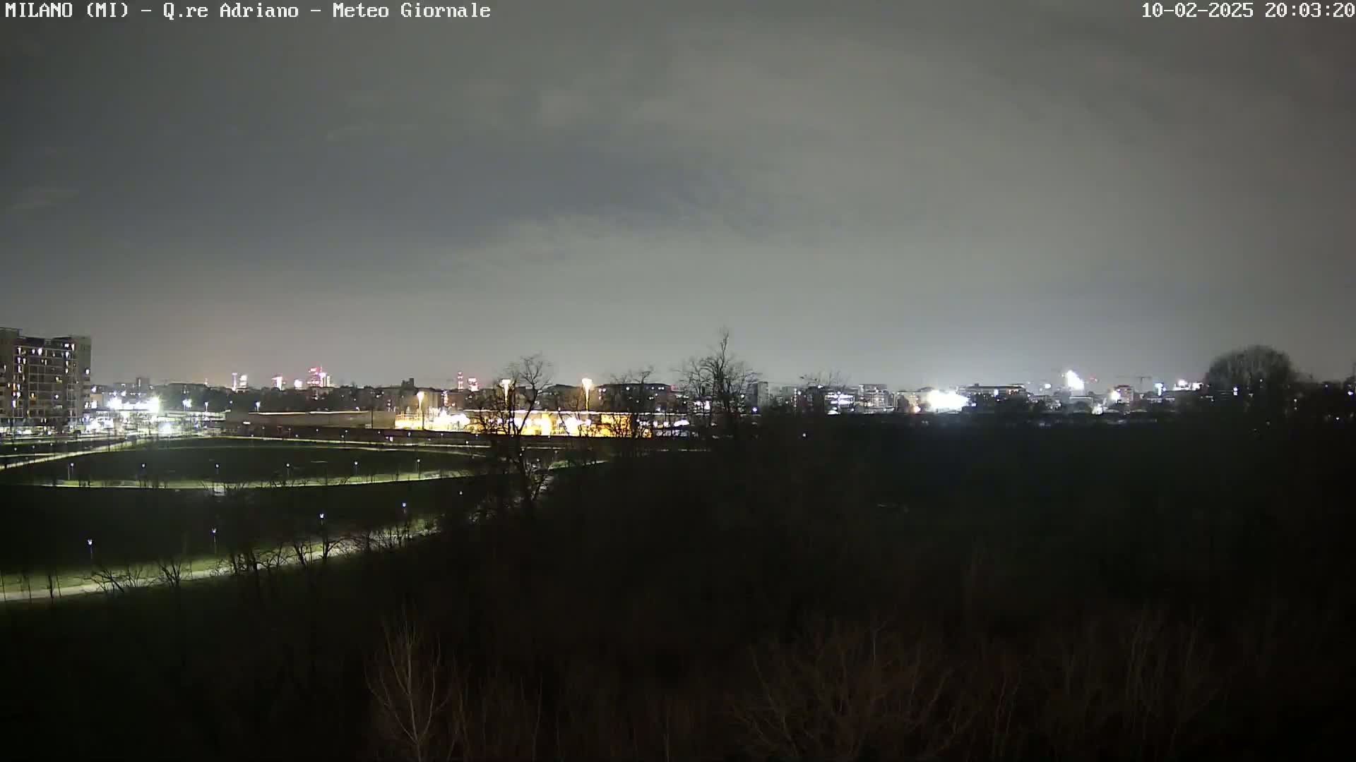 A nighttime view of a city skyline across a dark, tree-lined park under a cloudy sky.