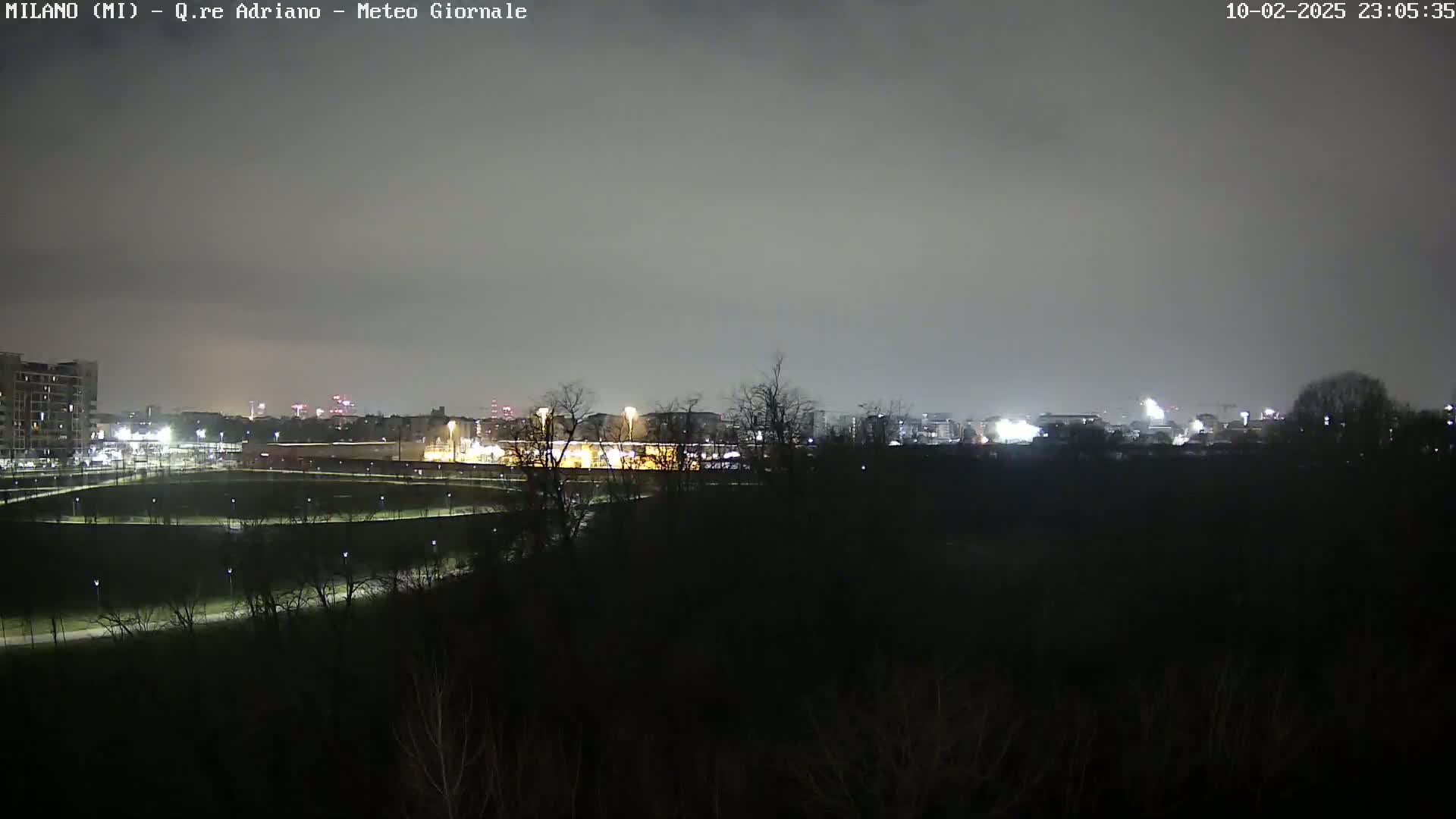 A nighttime view of a city skyline under a cloudy sky, seen from across a dark expanse of land with sparsely lit trees and pathways.