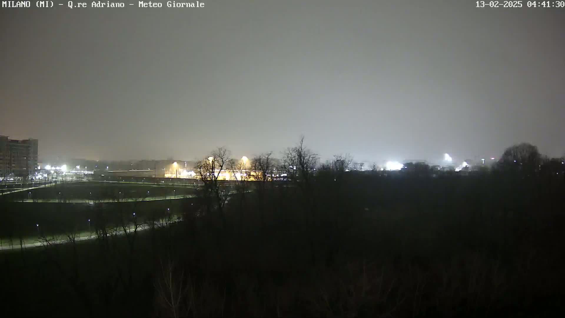A nighttime view of a park with dimly lit pathways and buildings in the distance under a hazy sky.