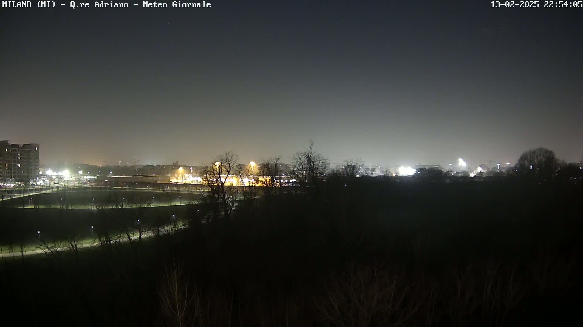 A nighttime view of a park and buildings, under a hazy, dark sky.