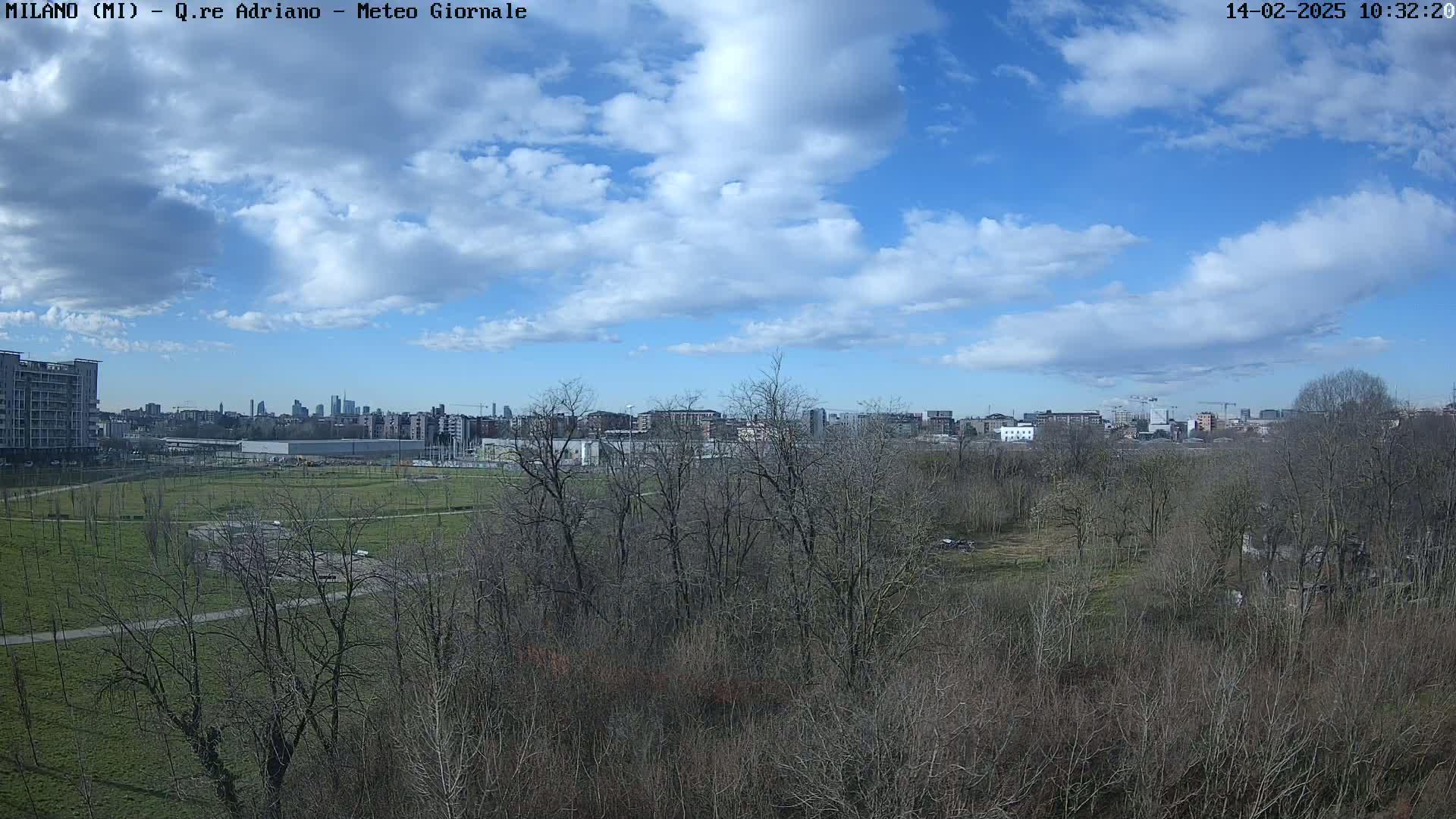 A mostly sunny day with scattered clouds overlooks a park with bare trees, green grass, and a distant cityscape.
