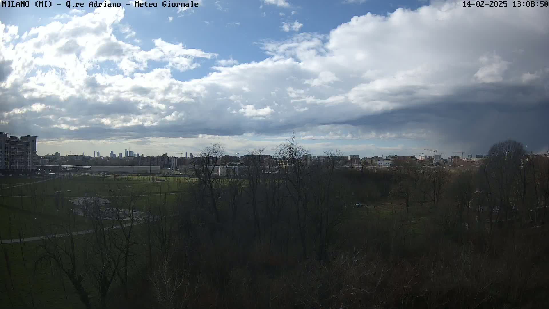 A partly cloudy sky over a park with leafless trees, overlooking a city skyline in the distance.