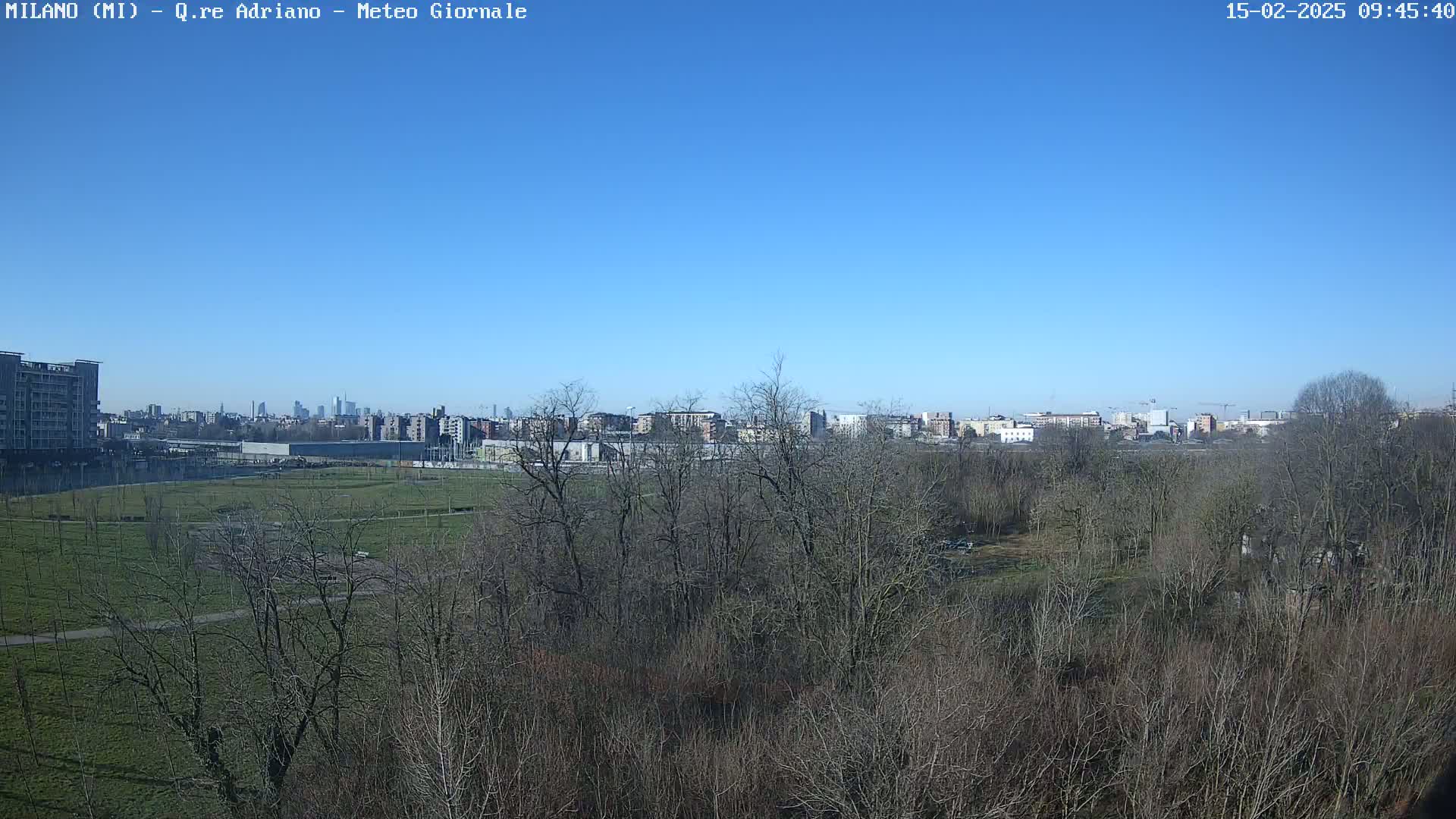 A view of a park with leafless trees in the foreground, under a clear blue sky, shows a cityscape in the distance.