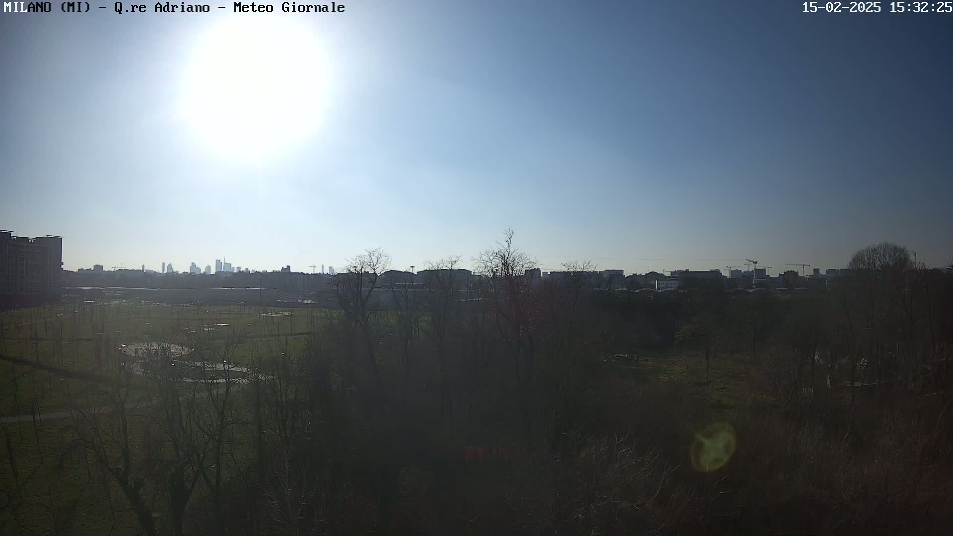 A sunny day reveals a cityscape in the distance beyond a park-like area with leafless trees.