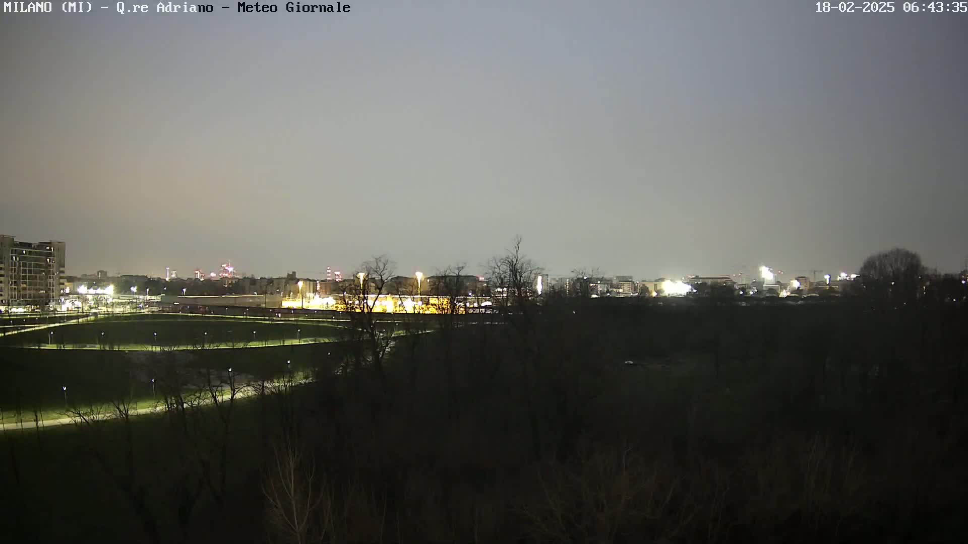 A nighttime view of a city skyline across a dark park under a dusky sky.